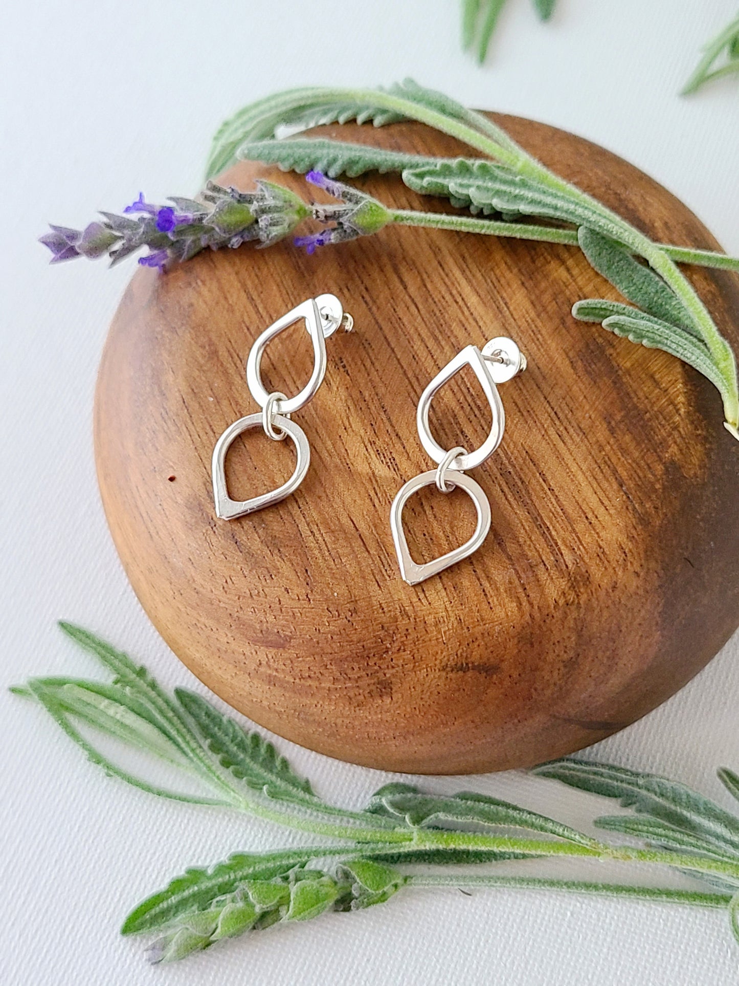 Silver Leaf Earrings with 2 drops-Dangle or Stud