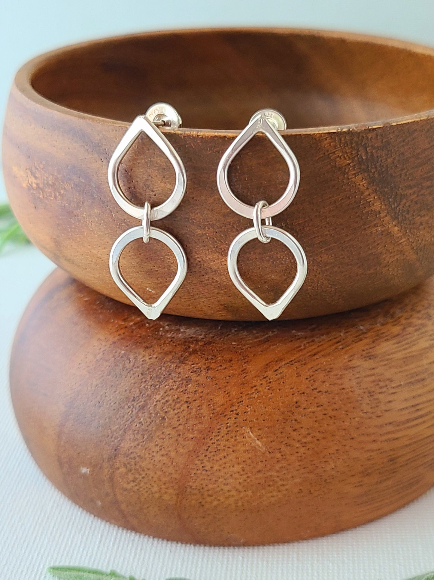 Silver Leaf Earrings with 2 drops-Dangle or Stud