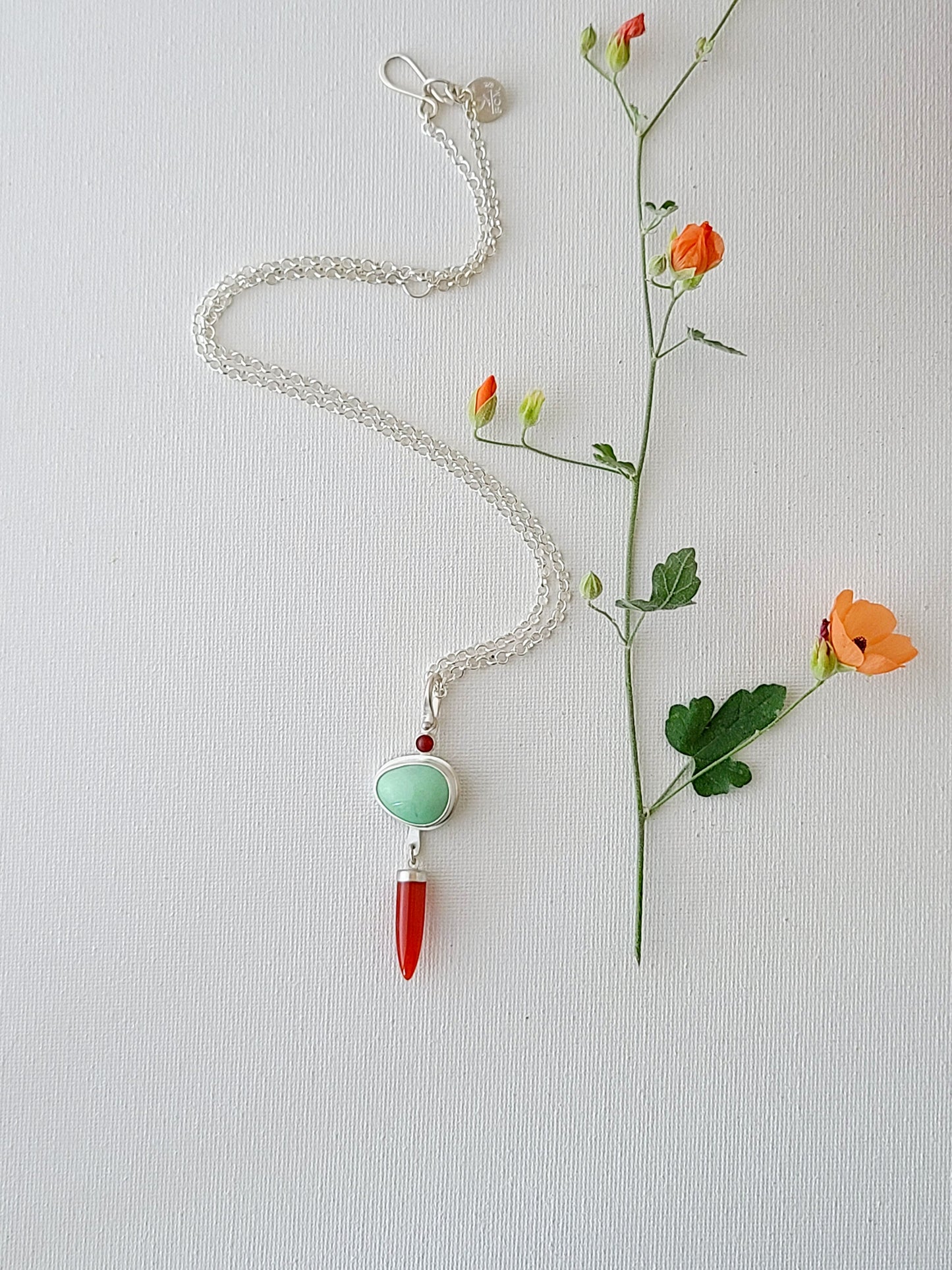 Dagger Necklace with Carnelian and Variscite-light green