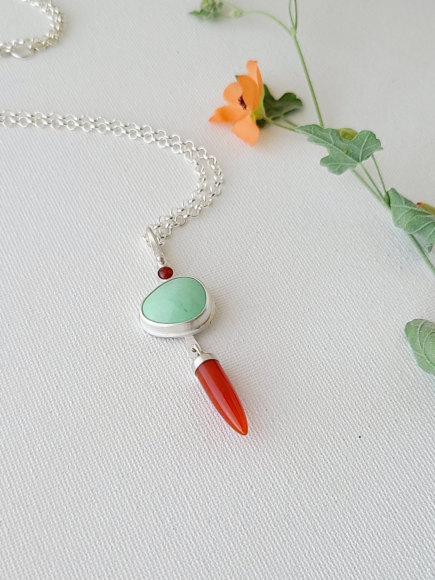 Dagger Necklace with Carnelian and Variscite-light green