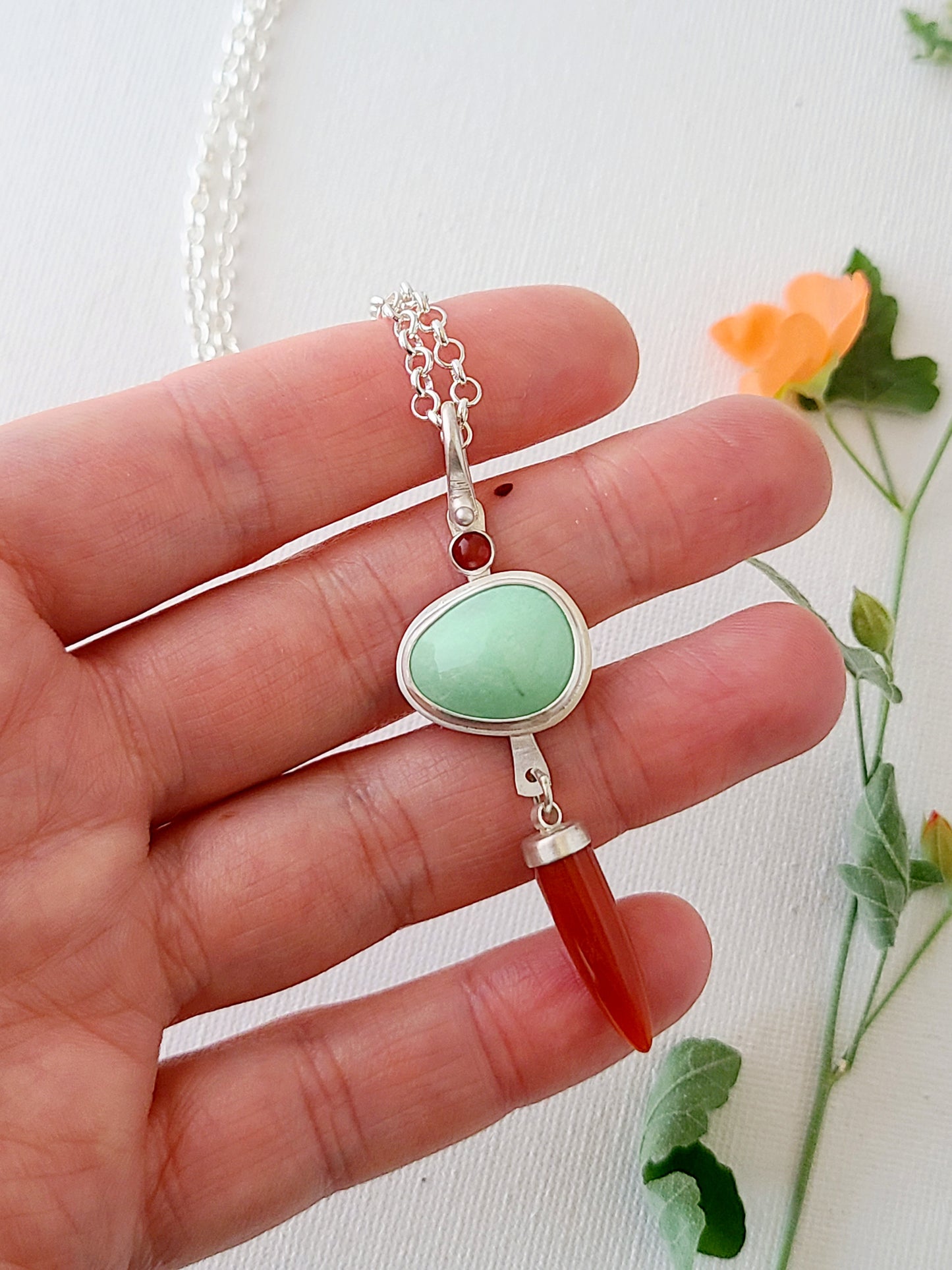 Dagger Necklace with Carnelian and Variscite-light green