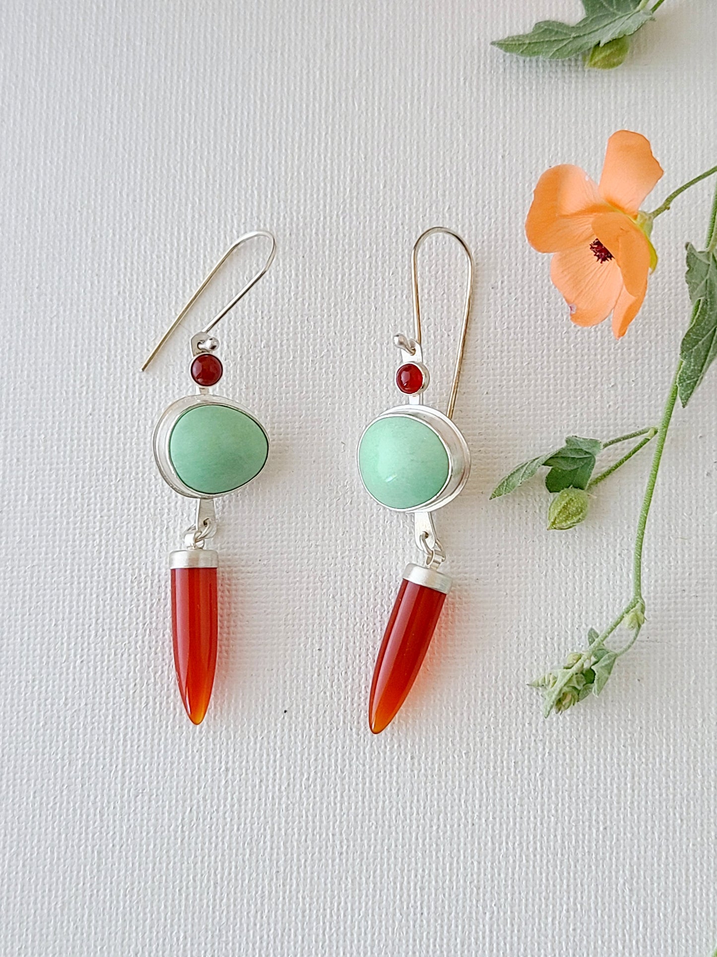 Dagger Earrings with Carnelian and Variscite-light green