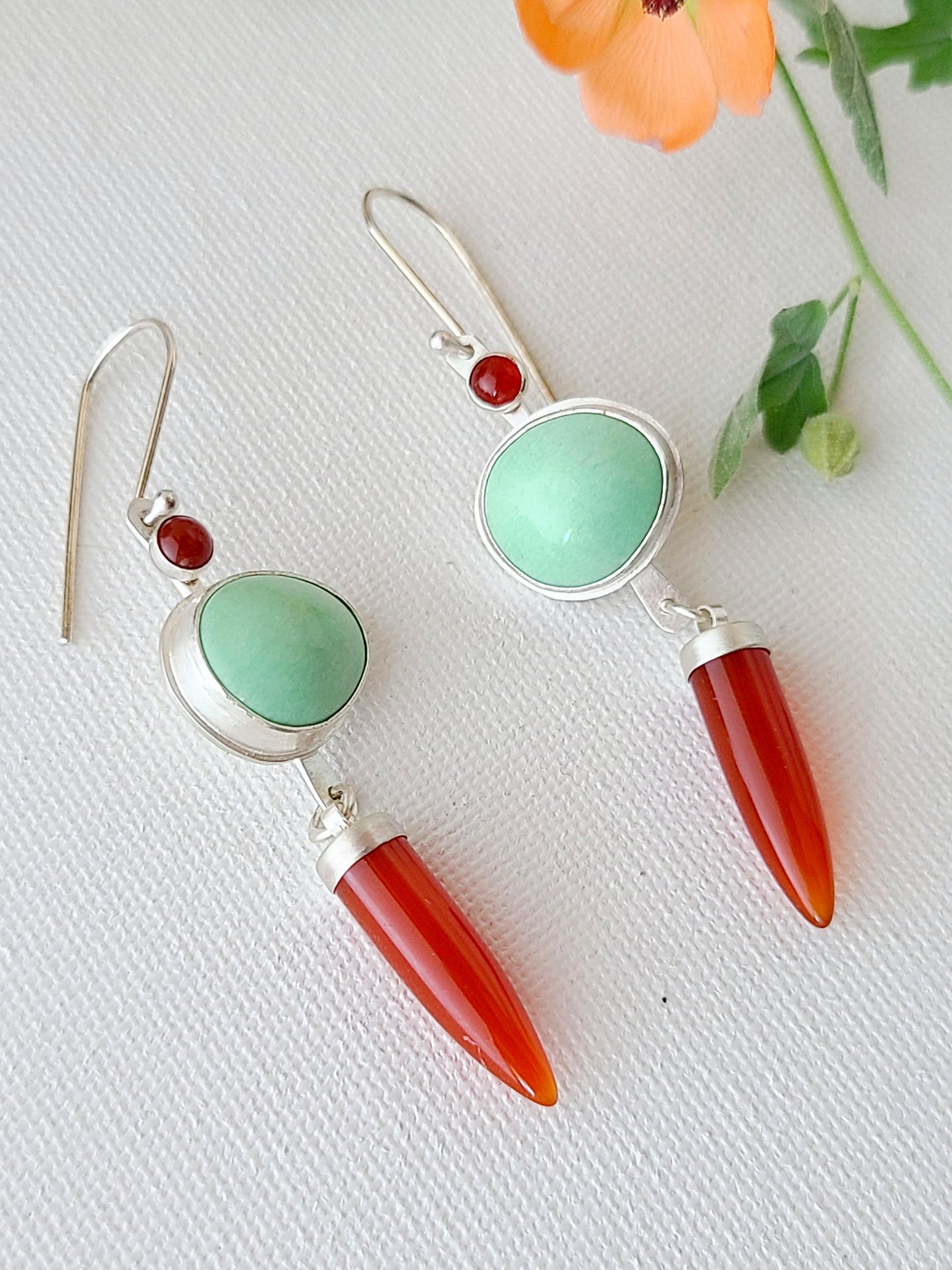 Dagger Earrings with Carnelian and Variscite-light green