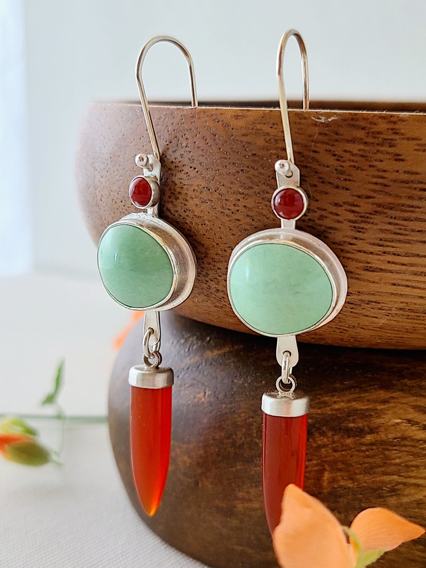Dagger Earrings with Carnelian and Variscite-light green