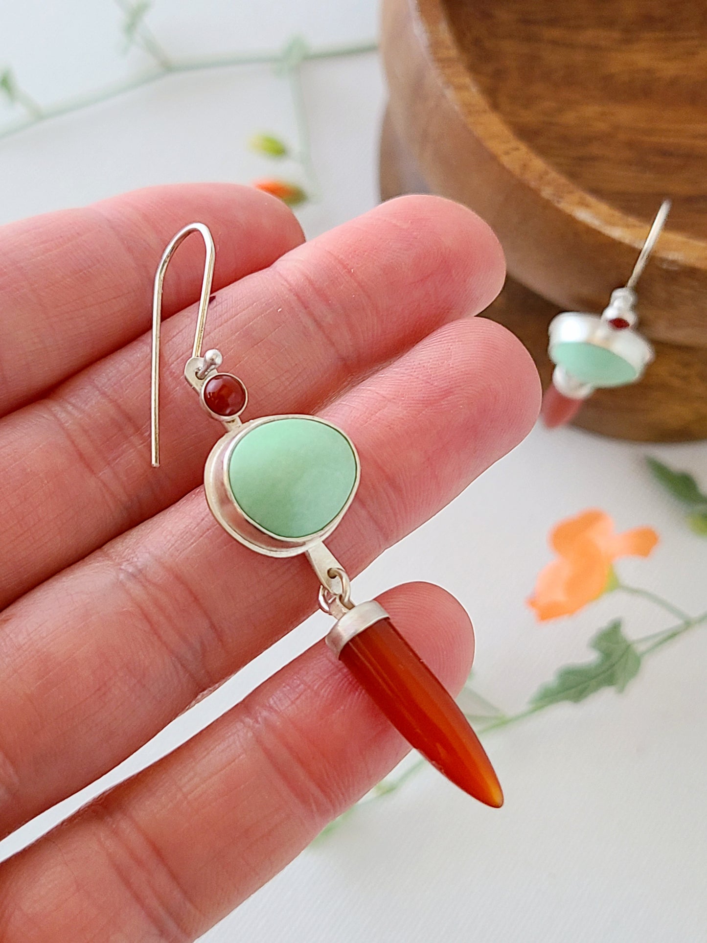 Dagger Earrings with Carnelian and Variscite-light green