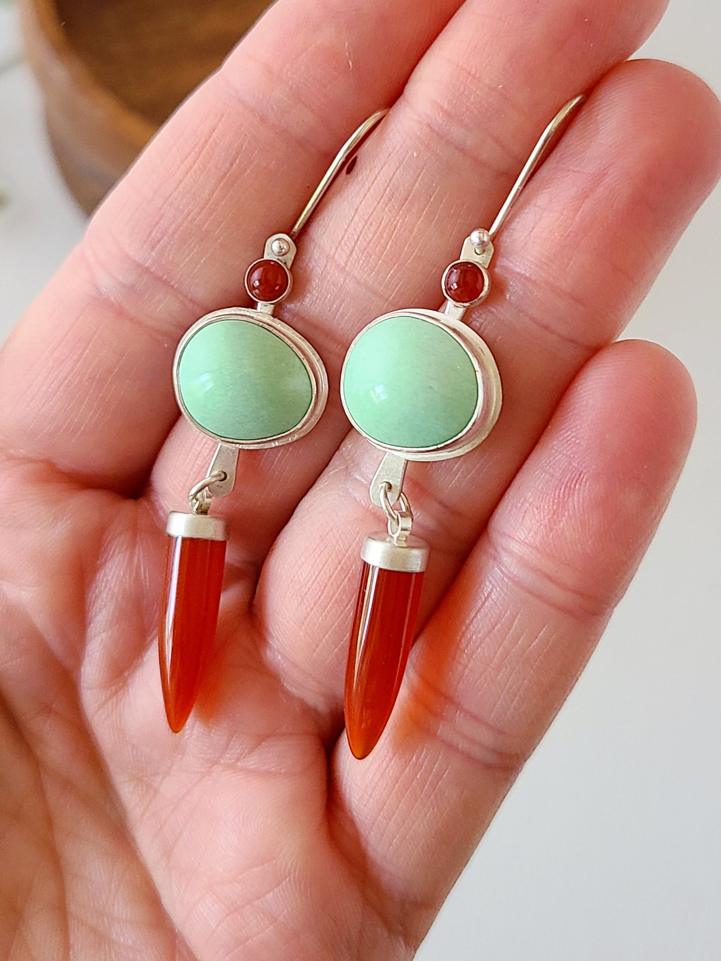Dagger Earrings with Carnelian and Variscite-light green