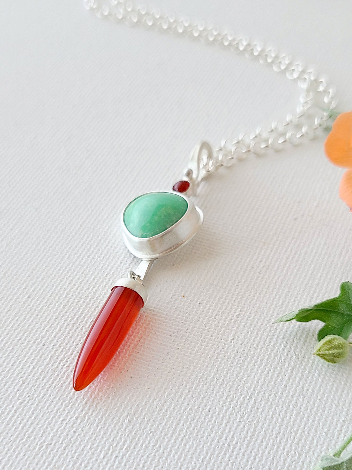 Dagger Necklace with Carnelian and Variscite-mint green