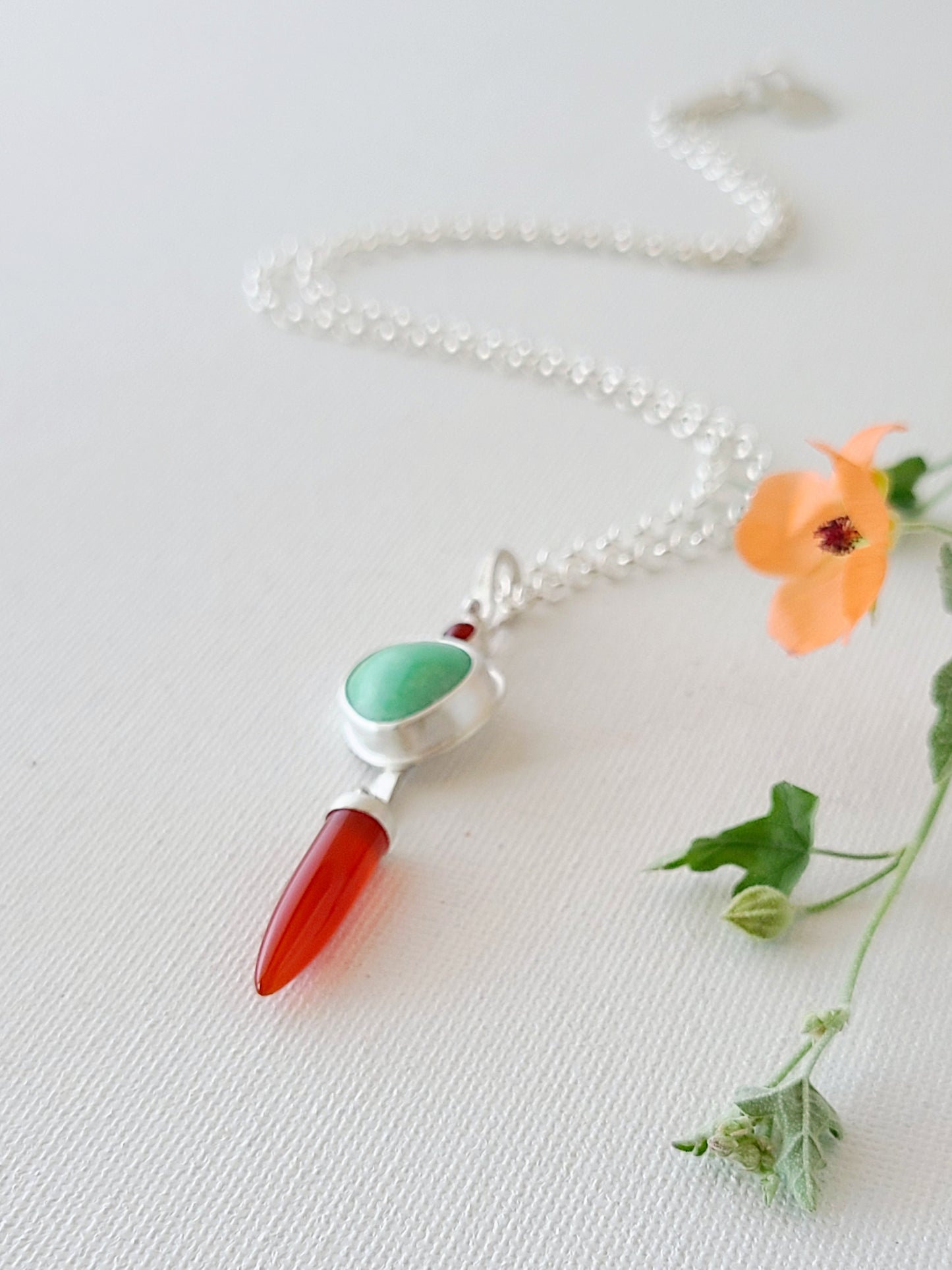 Dagger Necklace with Carnelian and Variscite-mint green