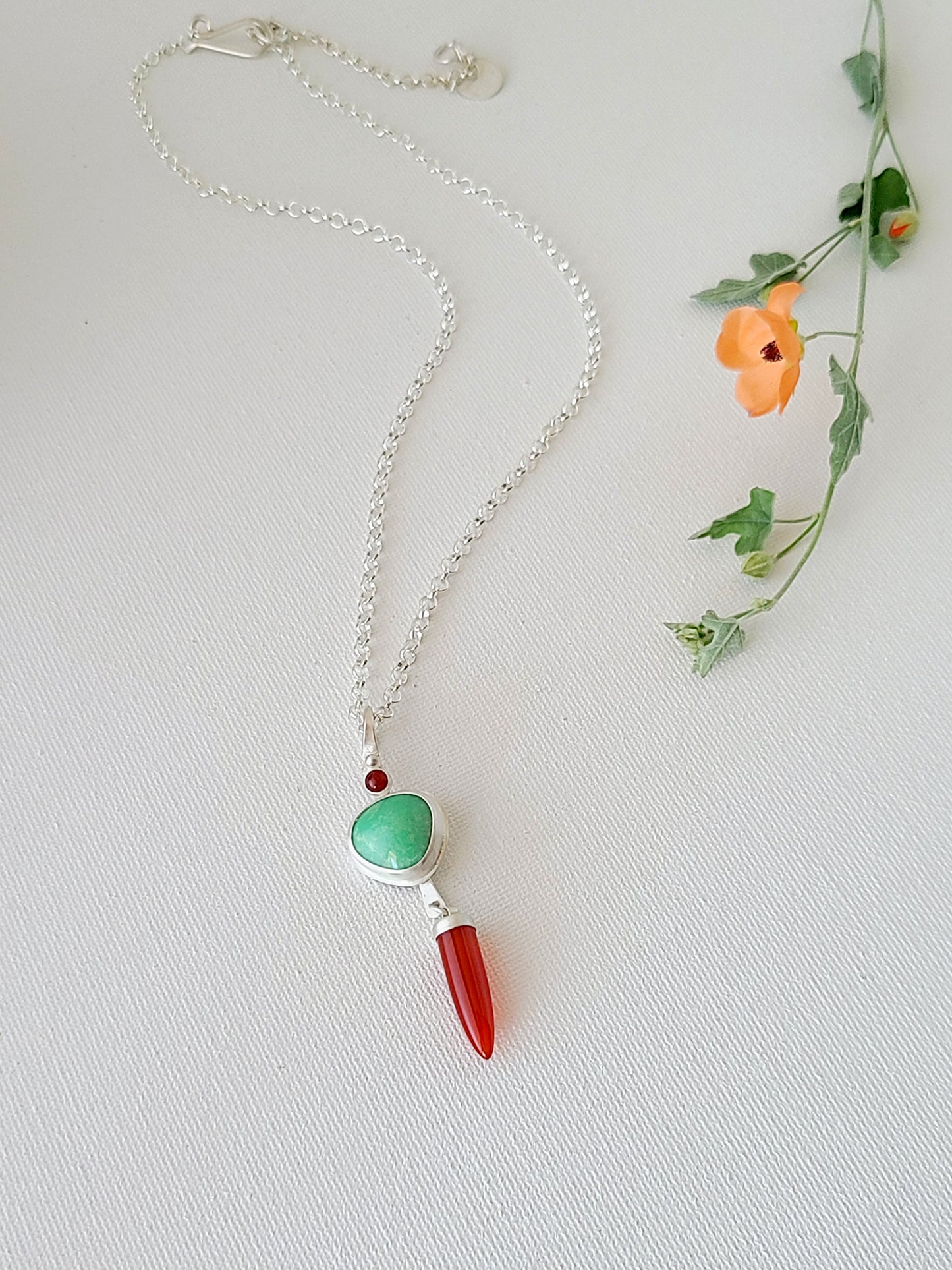 Dagger Necklace with Carnelian and Variscite-mint green