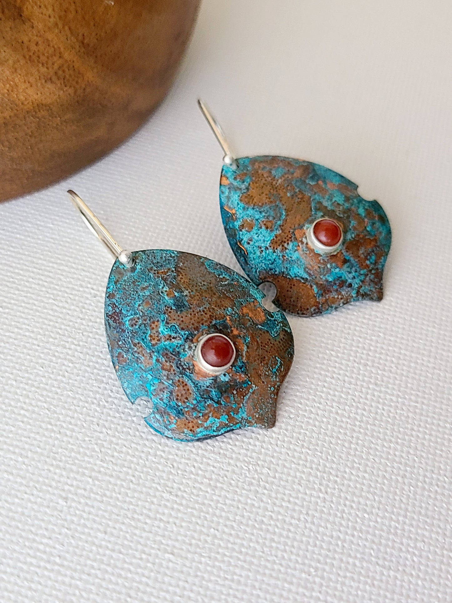 Copper Verdigris Setosa Earrings with round Carnelian-Small