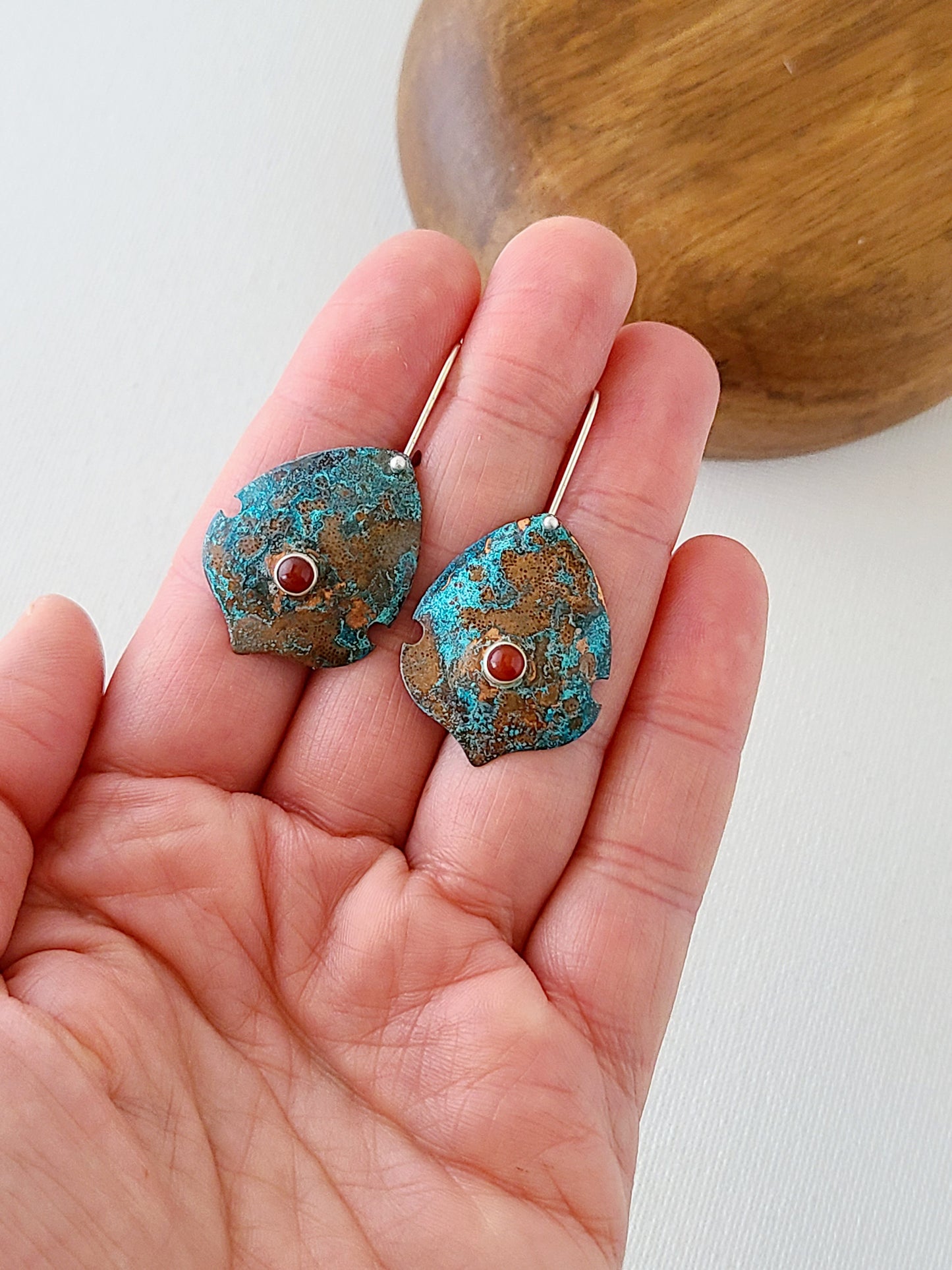 Copper Verdigris Setosa Earrings with round Carnelian-Small
