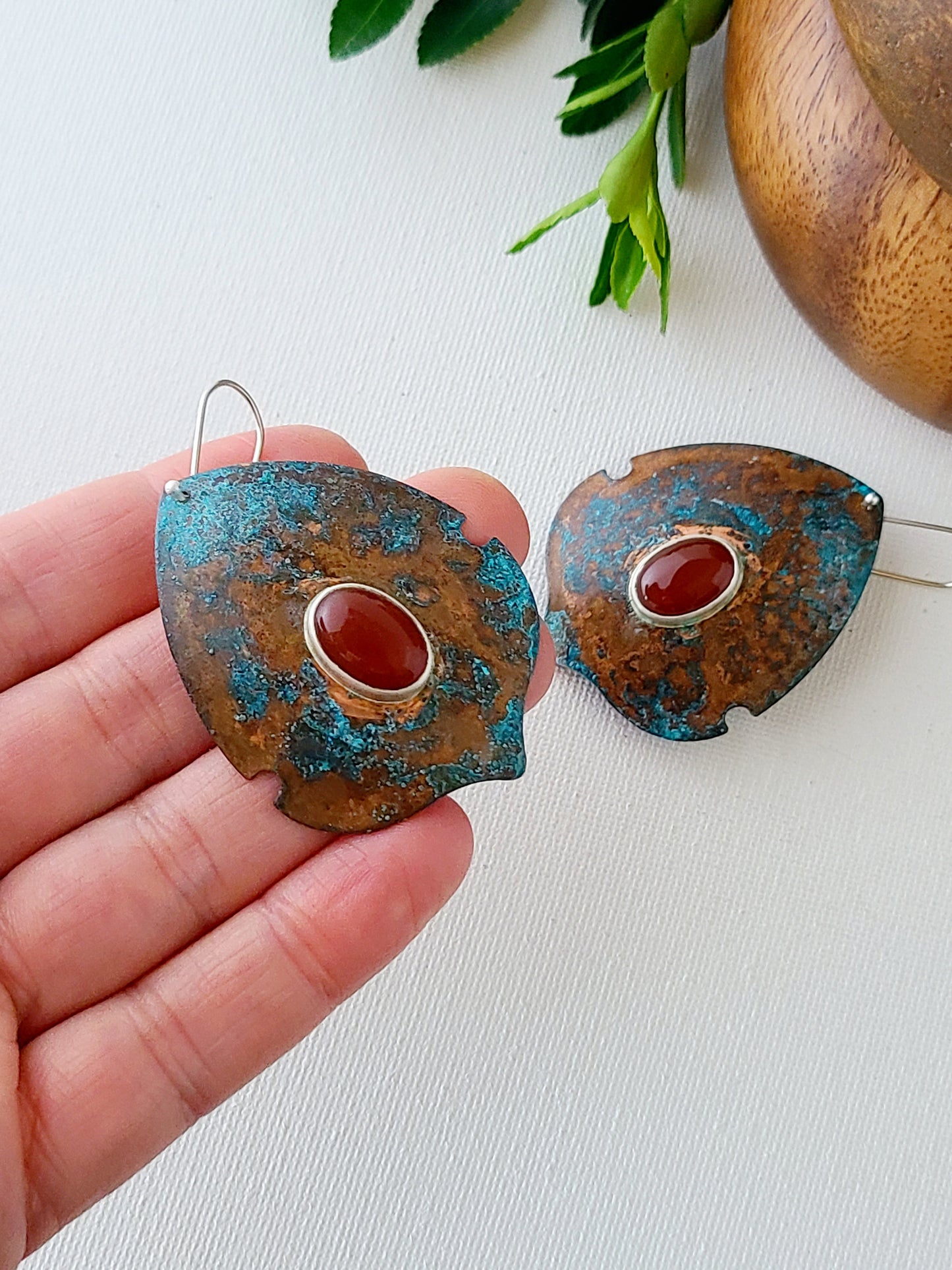 Copper Verdigris Setosa Earrings with Carnelian-XL