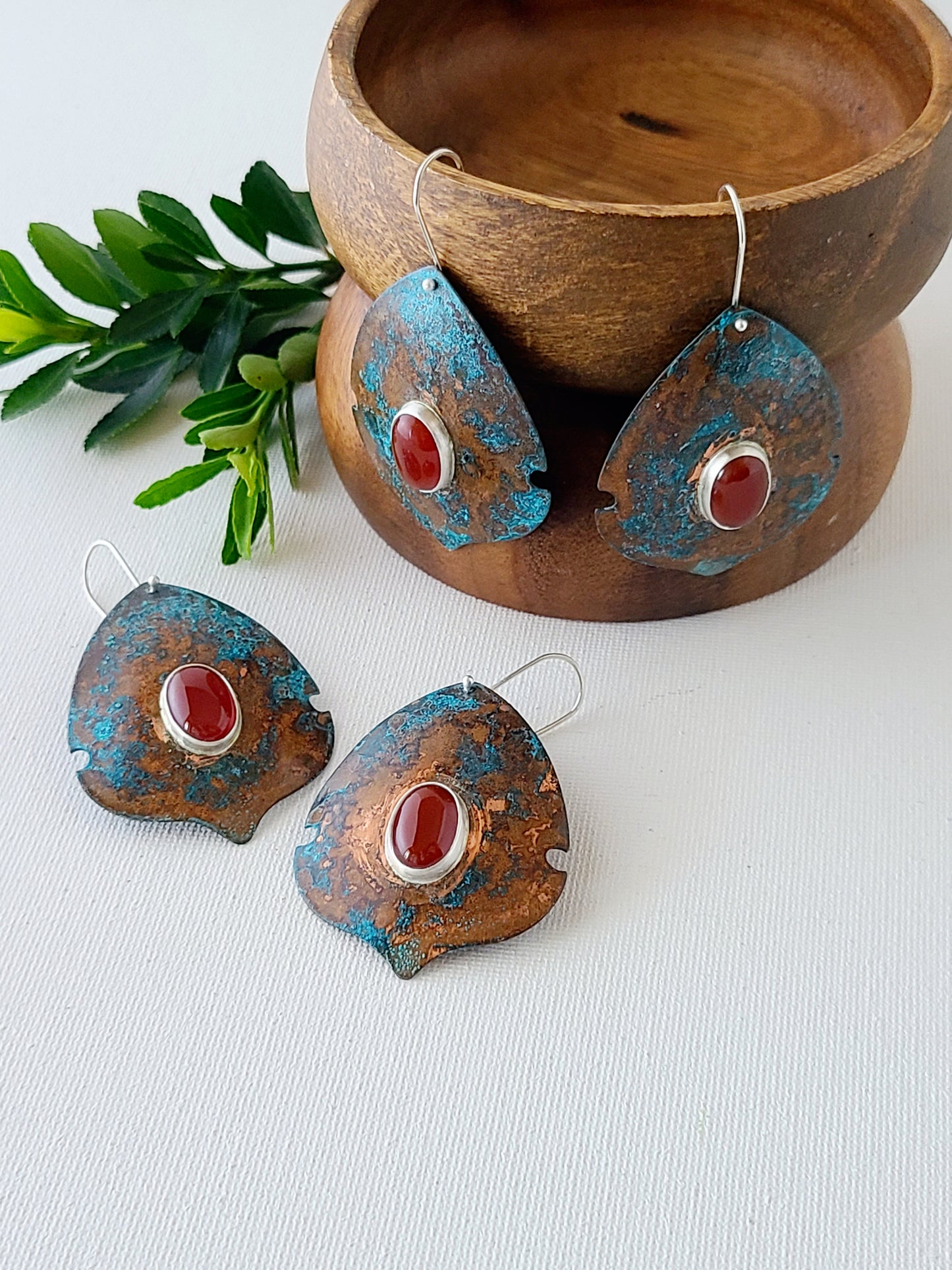 Copper Verdigris Setosa Earrings with Carnelian-XL