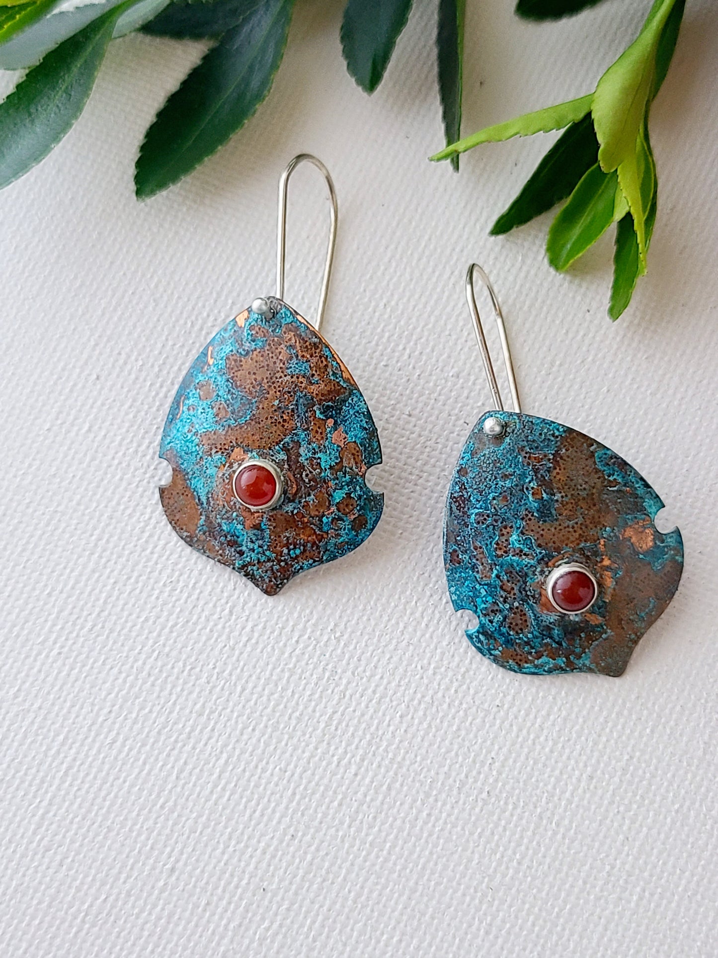Copper Verdigris Setosa Earrings with round Carnelian-Small