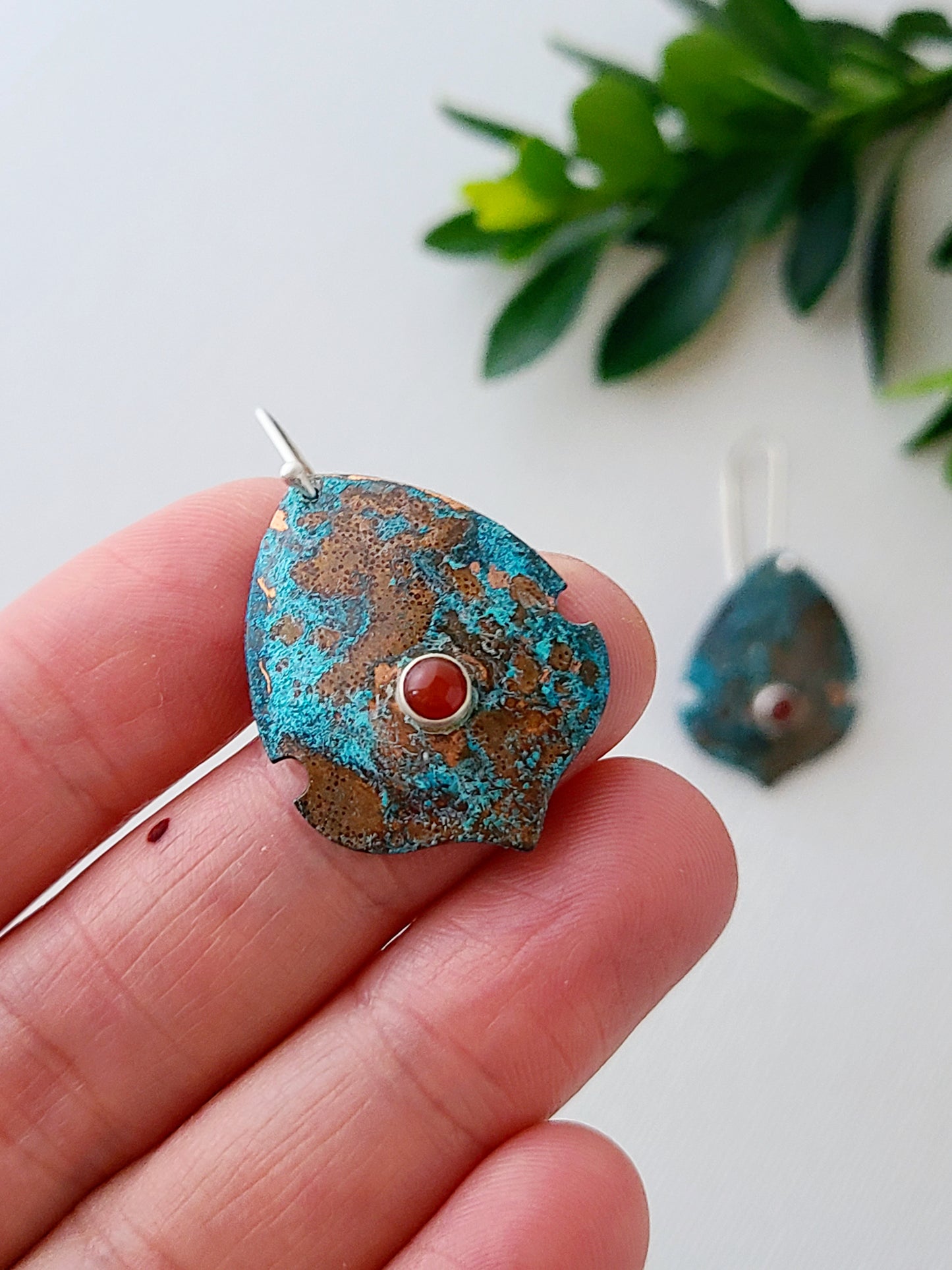 Copper Verdigris Setosa Earrings with round Carnelian-Small