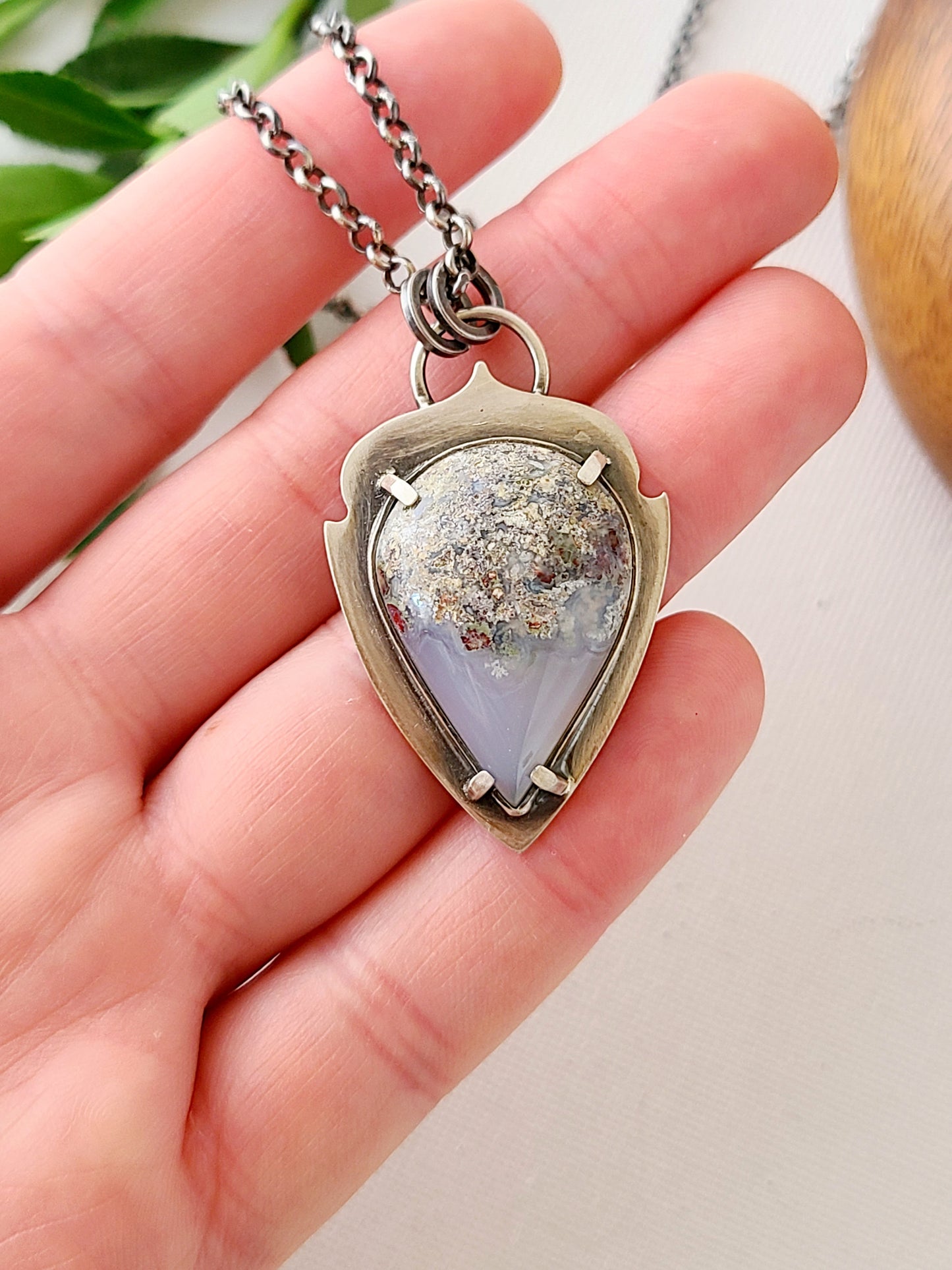 Moss Agate Arrowhead Leaf Pendant