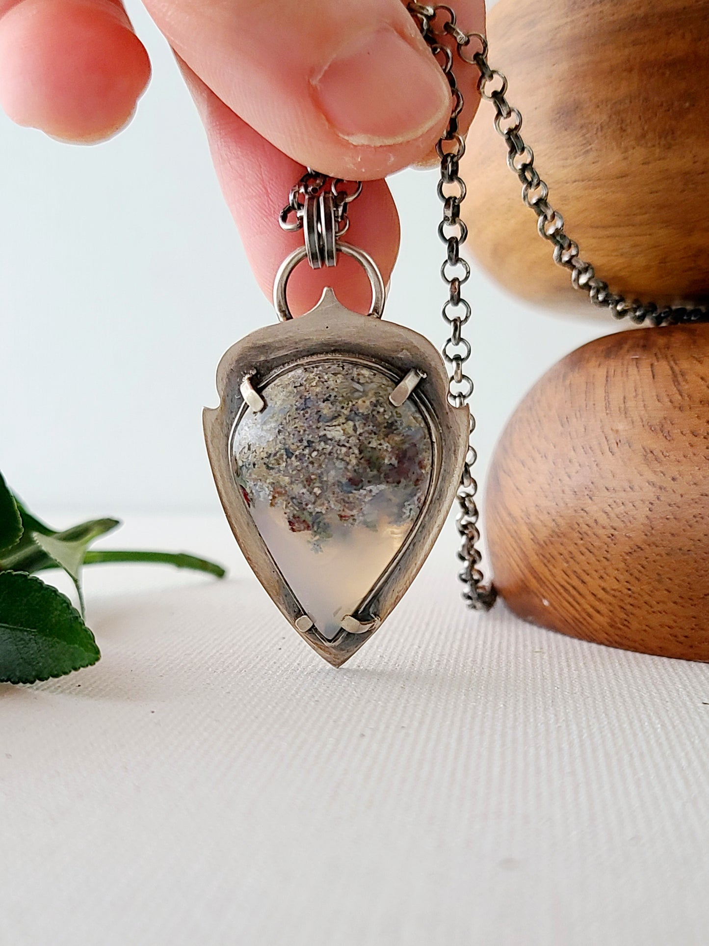Moss Agate Arrowhead Leaf Pendant