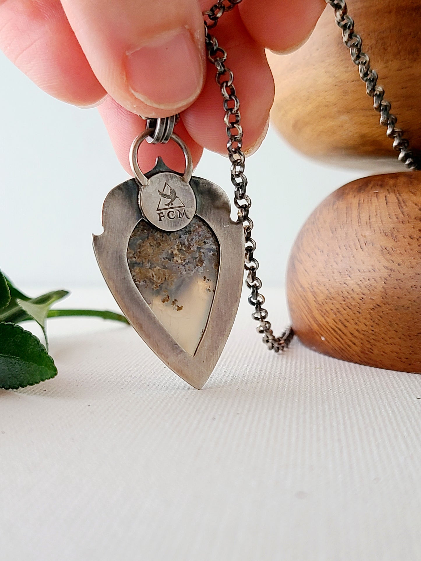 Moss Agate Arrowhead Leaf Pendant