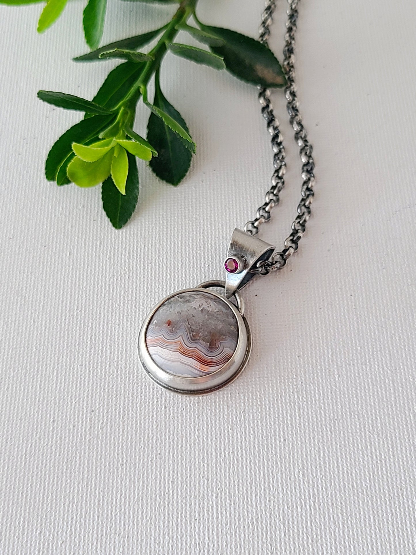 Laguna Lace Agate and Garnet Pendant-oxidized silver