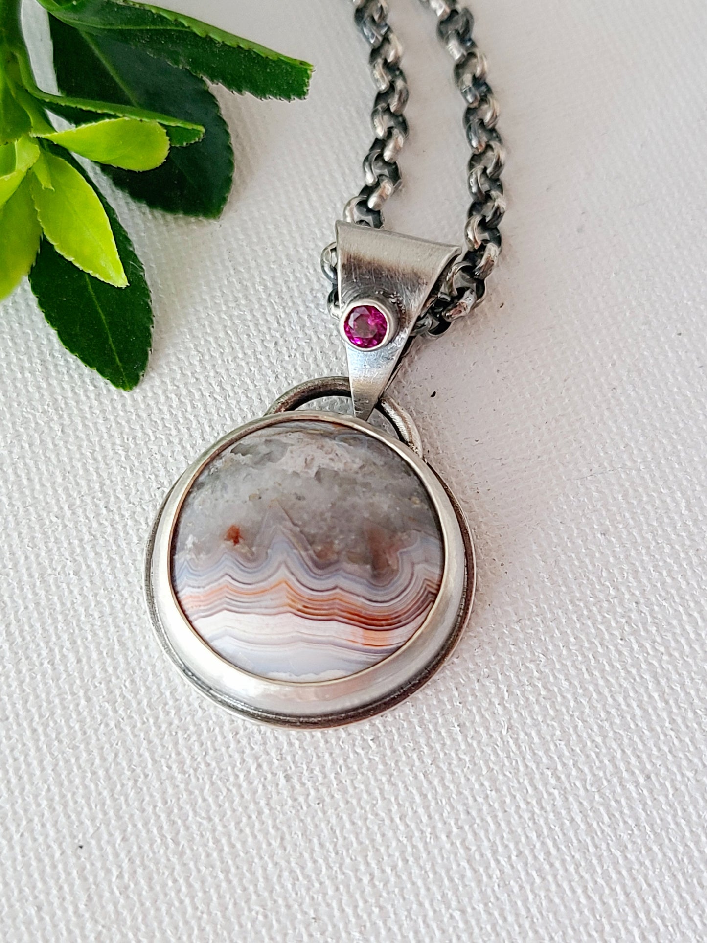 Laguna Lace Agate and Garnet Pendant-oxidized silver