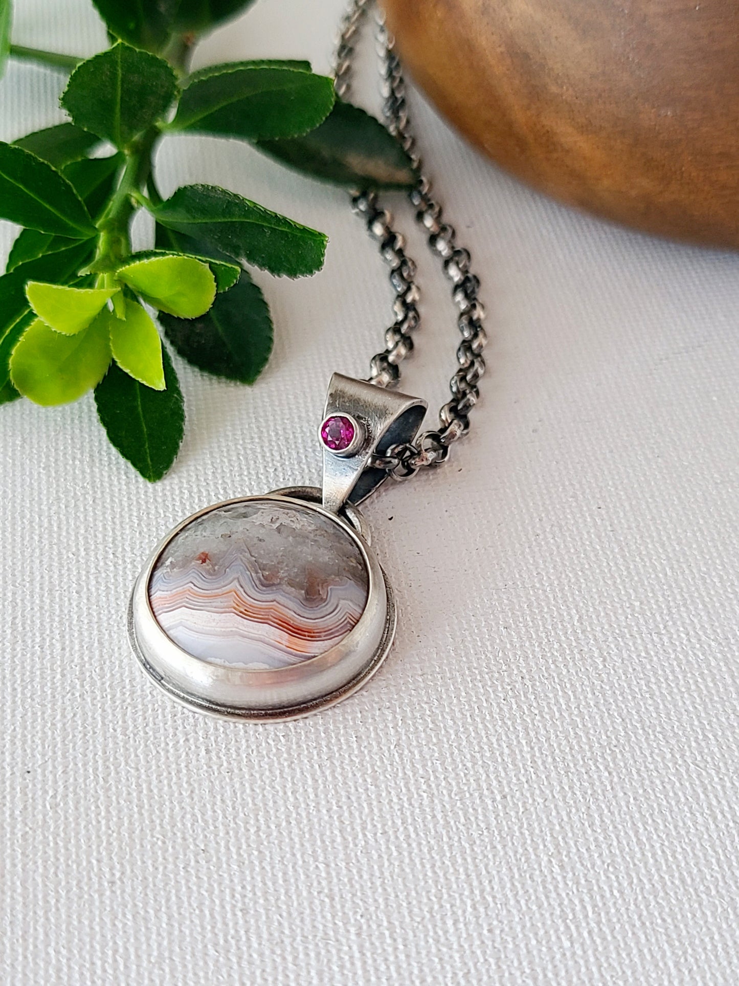 Laguna Lace Agate and Garnet Pendant-oxidized silver