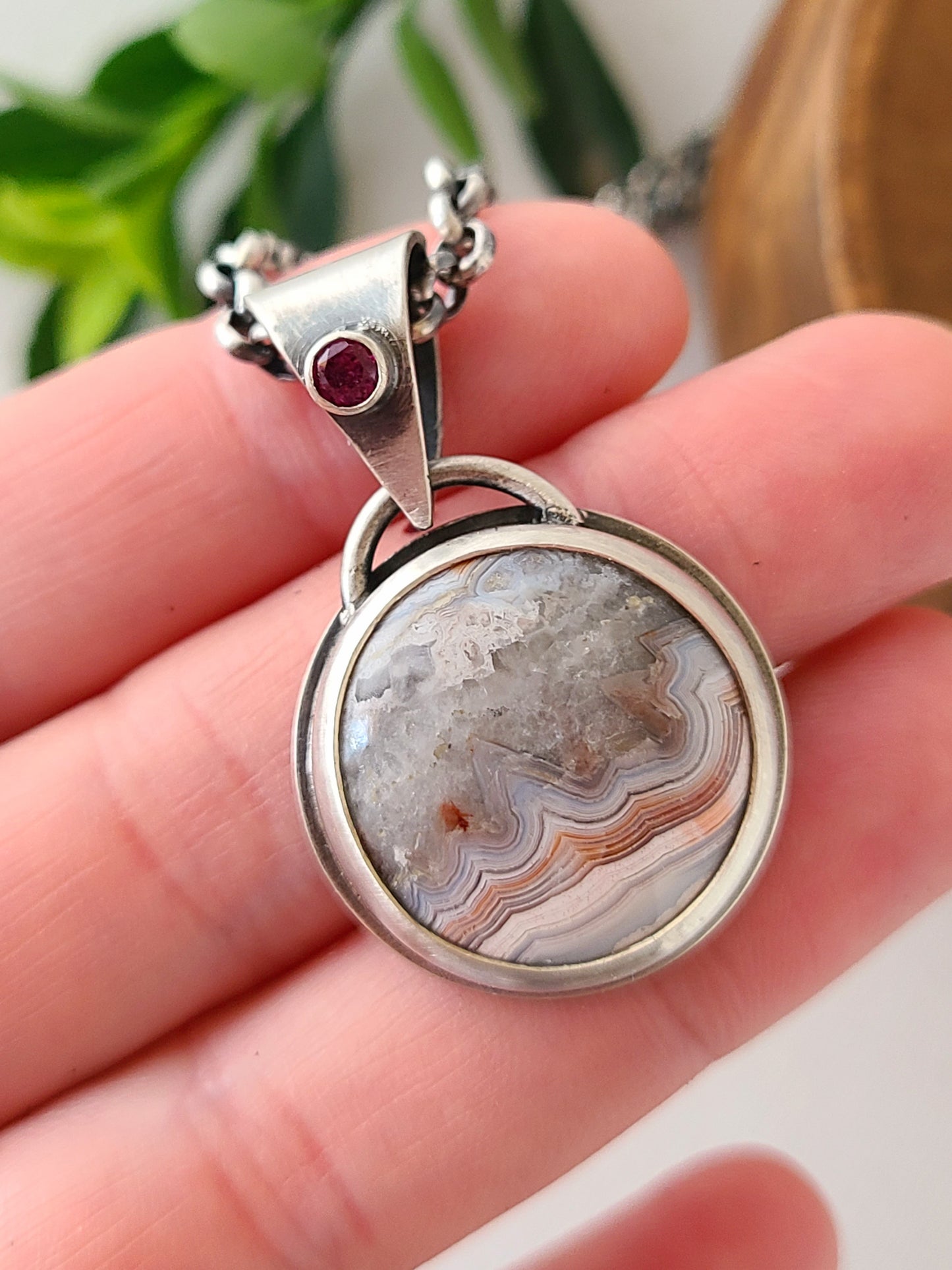 Laguna Lace Agate and Garnet Pendant-oxidized silver