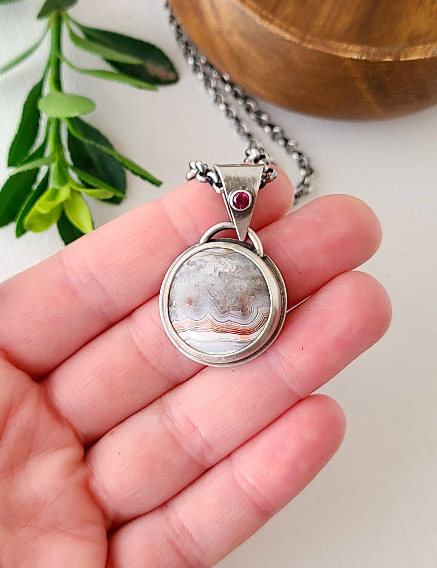 Laguna Lace Agate and Garnet Pendant-oxidized silver