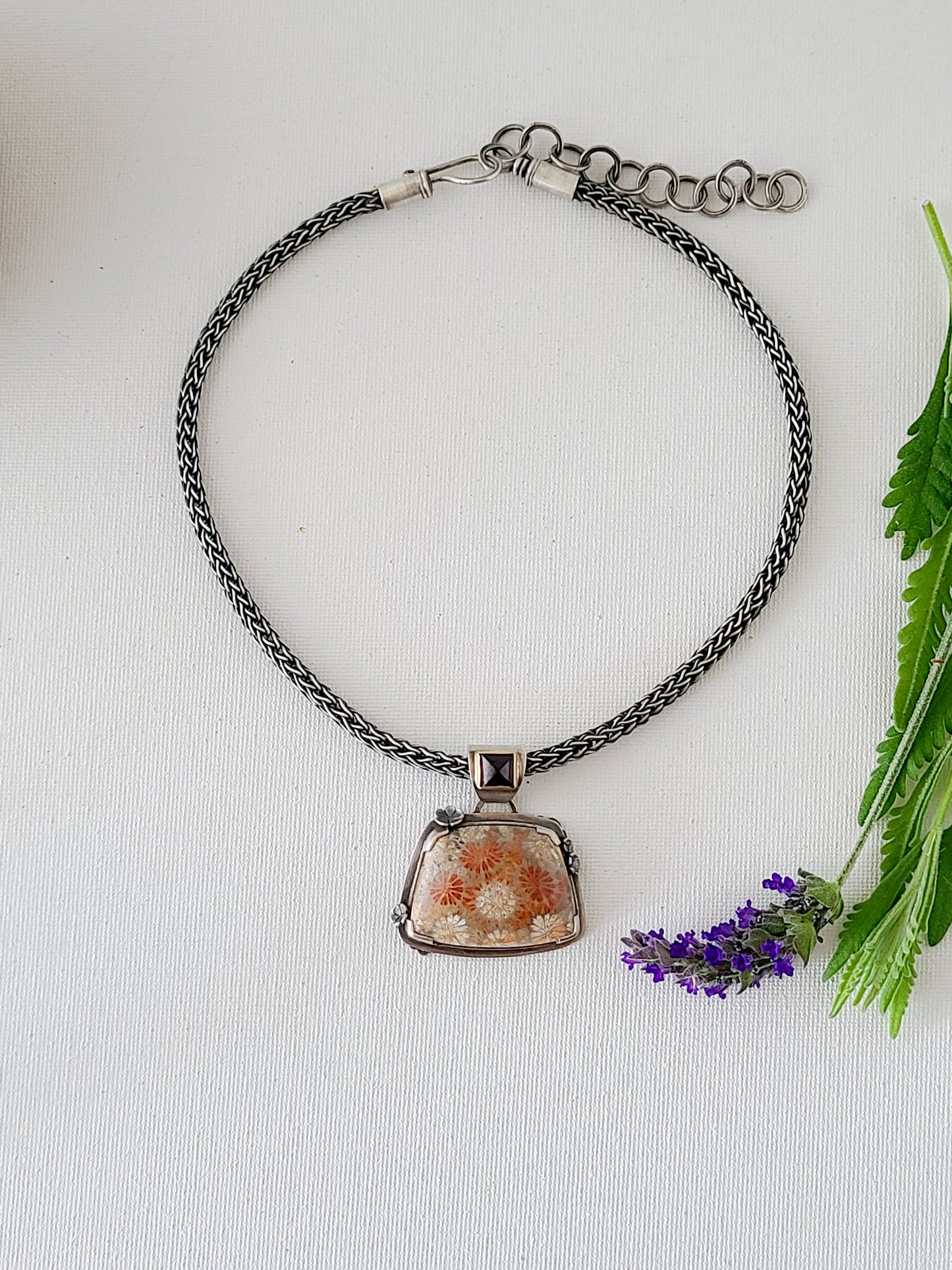 Wild Flower Necklace with Fossil Coral and Garnet-SS/14k
