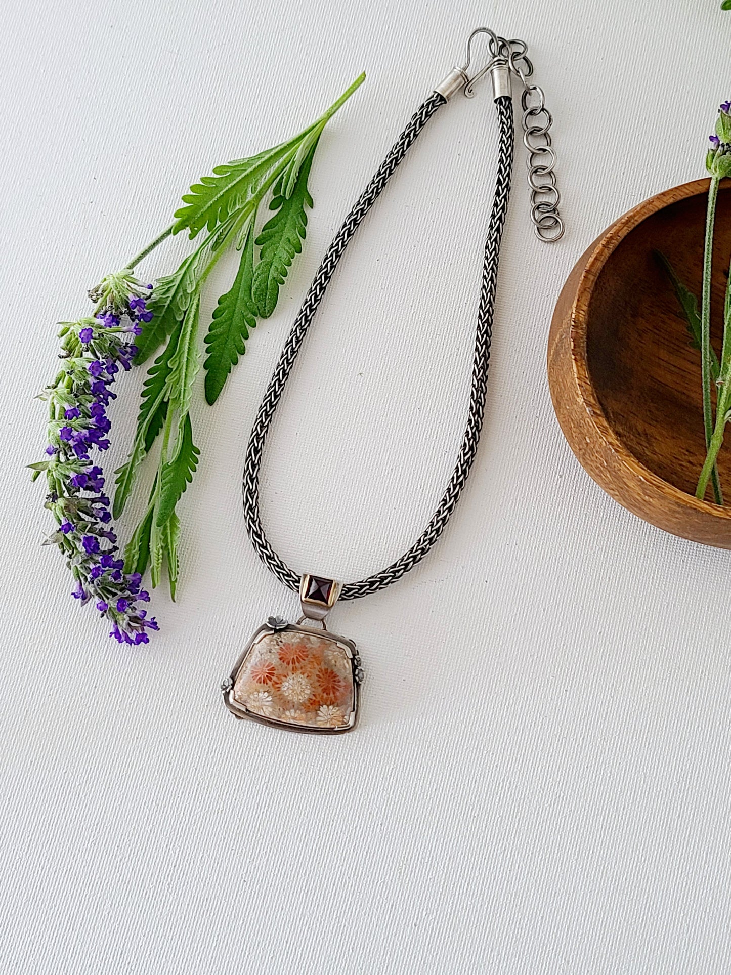 Wild Flower Necklace with Fossil Coral and Garnet-SS/14k