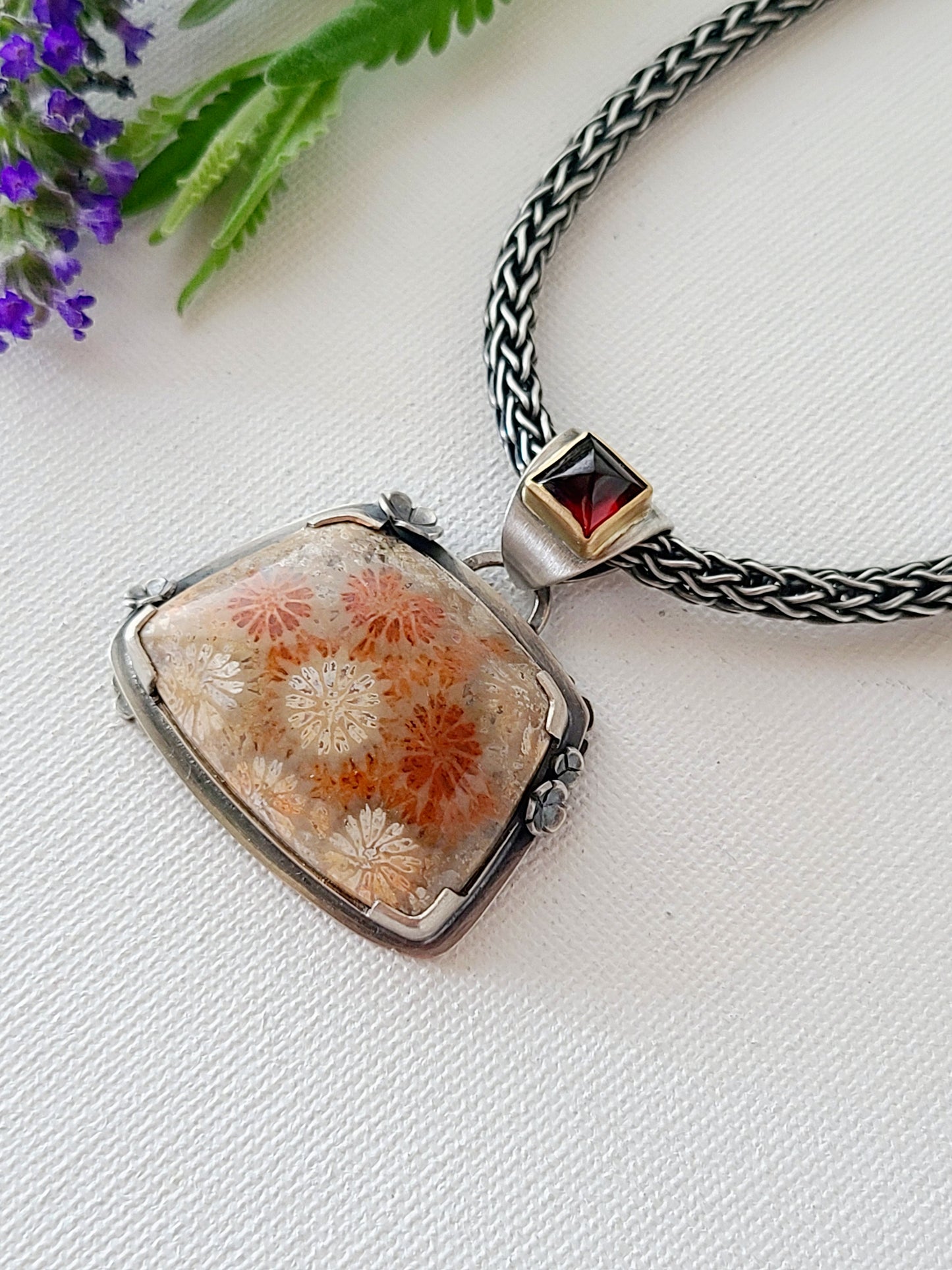Wild Flower Necklace with Fossil Coral and Garnet-SS/14k