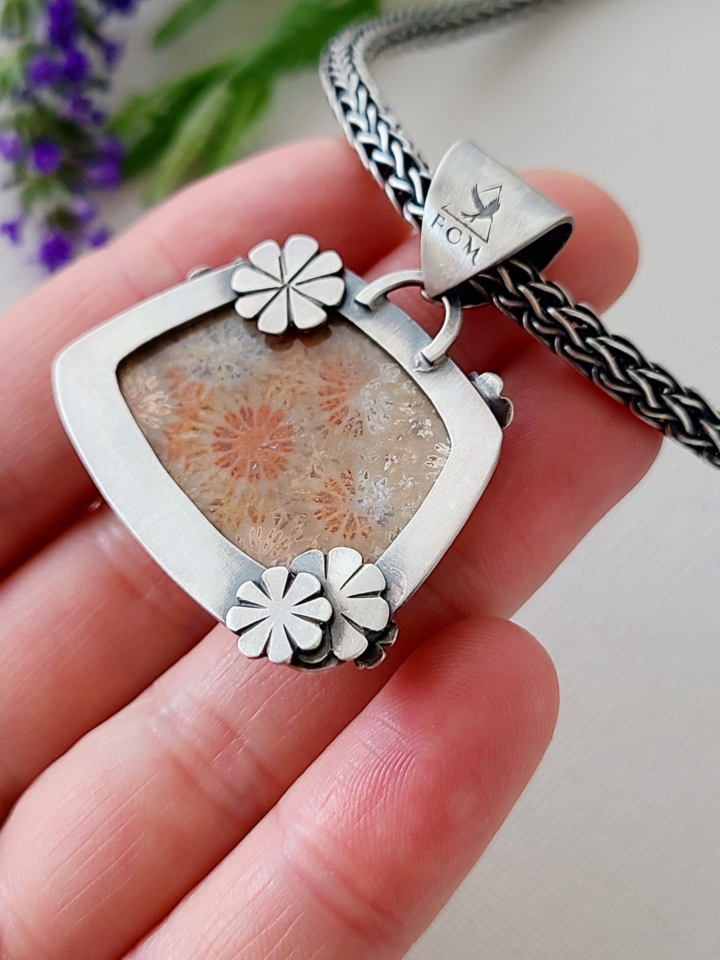 Wild Flower Necklace with Fossil Coral and Garnet-SS/14k