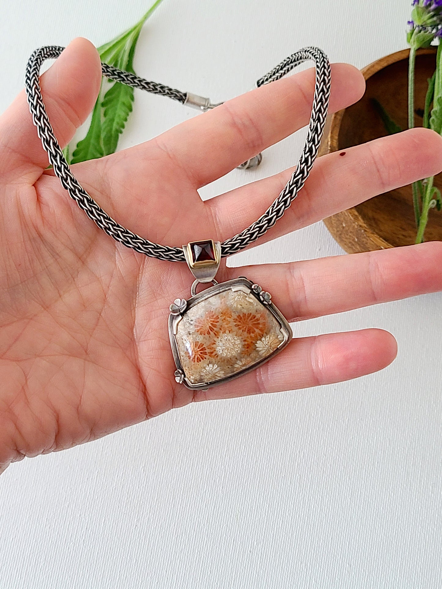 Wild Flower Necklace with Fossil Coral and Garnet-SS/14k