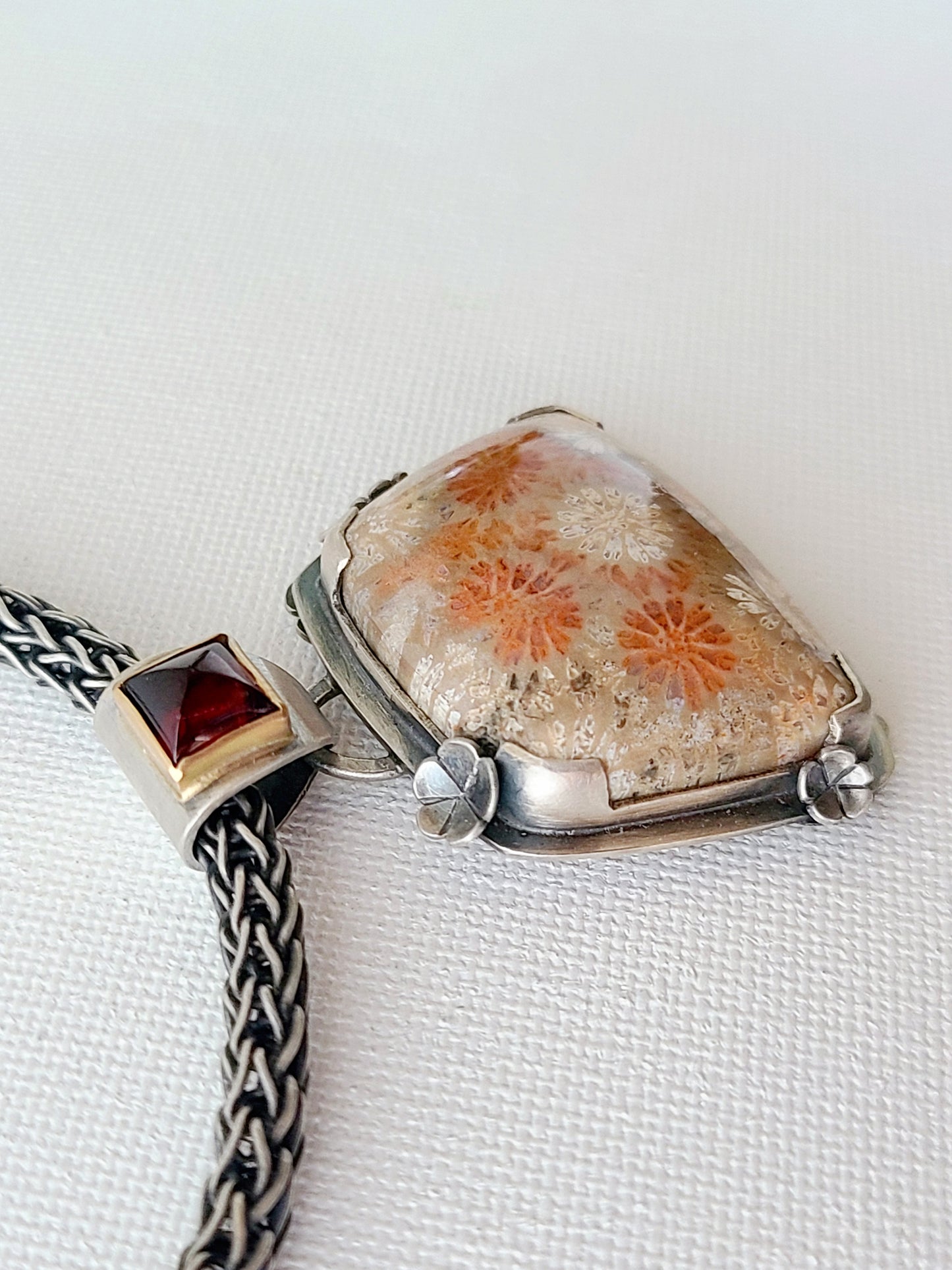 Wild Flower Necklace with Fossil Coral and Garnet-SS/14k