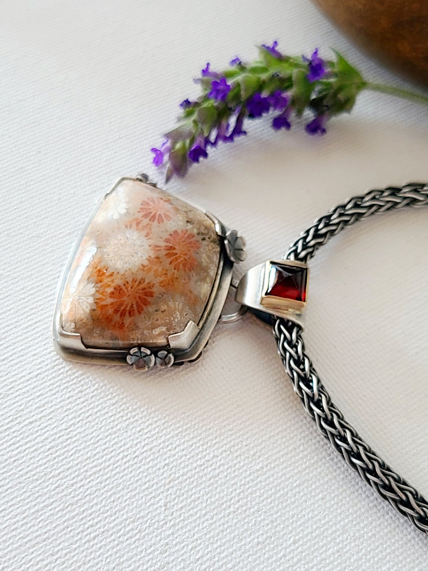 Wild Flower Necklace with Fossil Coral and Garnet-SS/14k