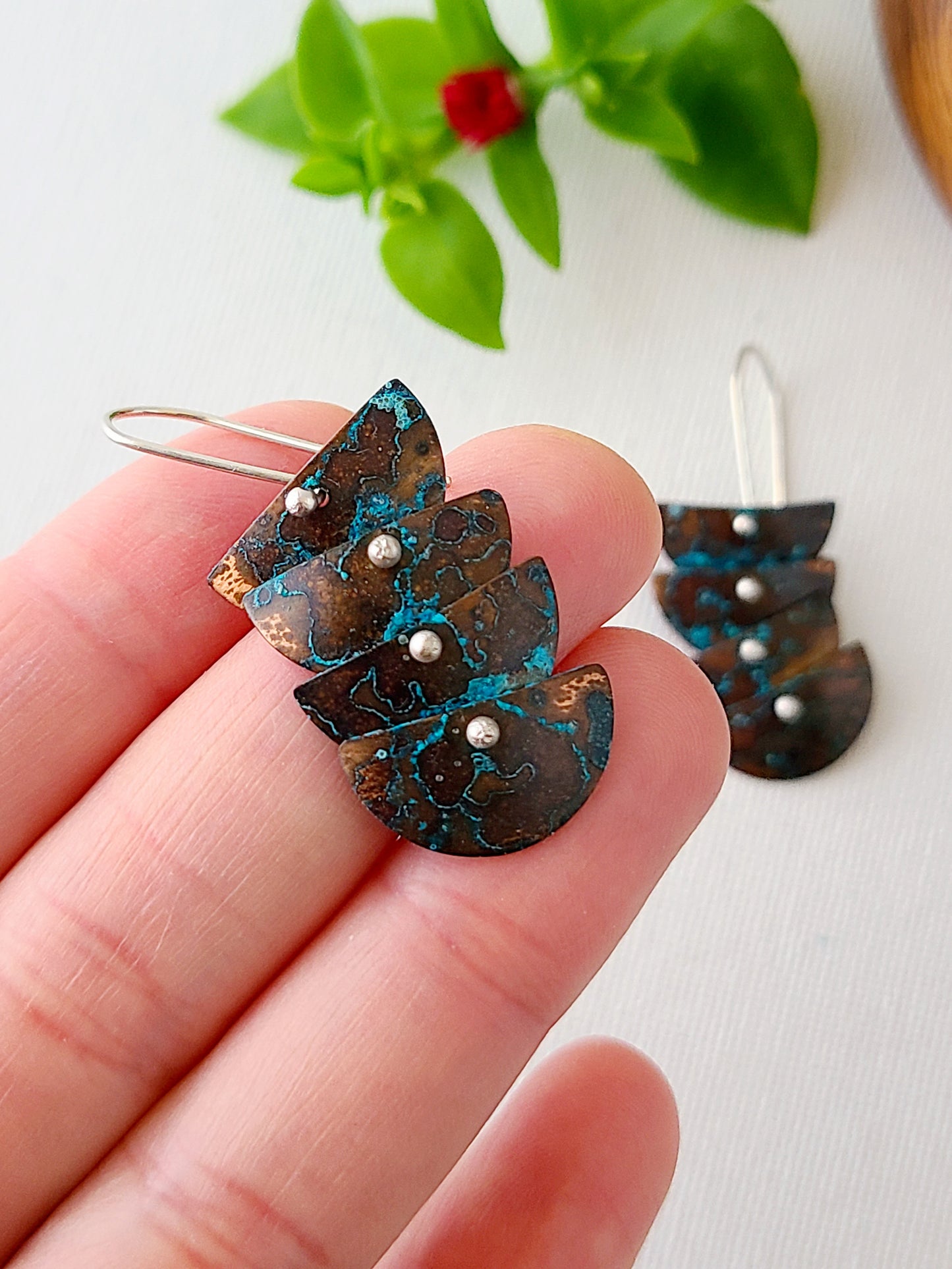 Copper Verdigris Cascade Earrings-4 Tier Petite