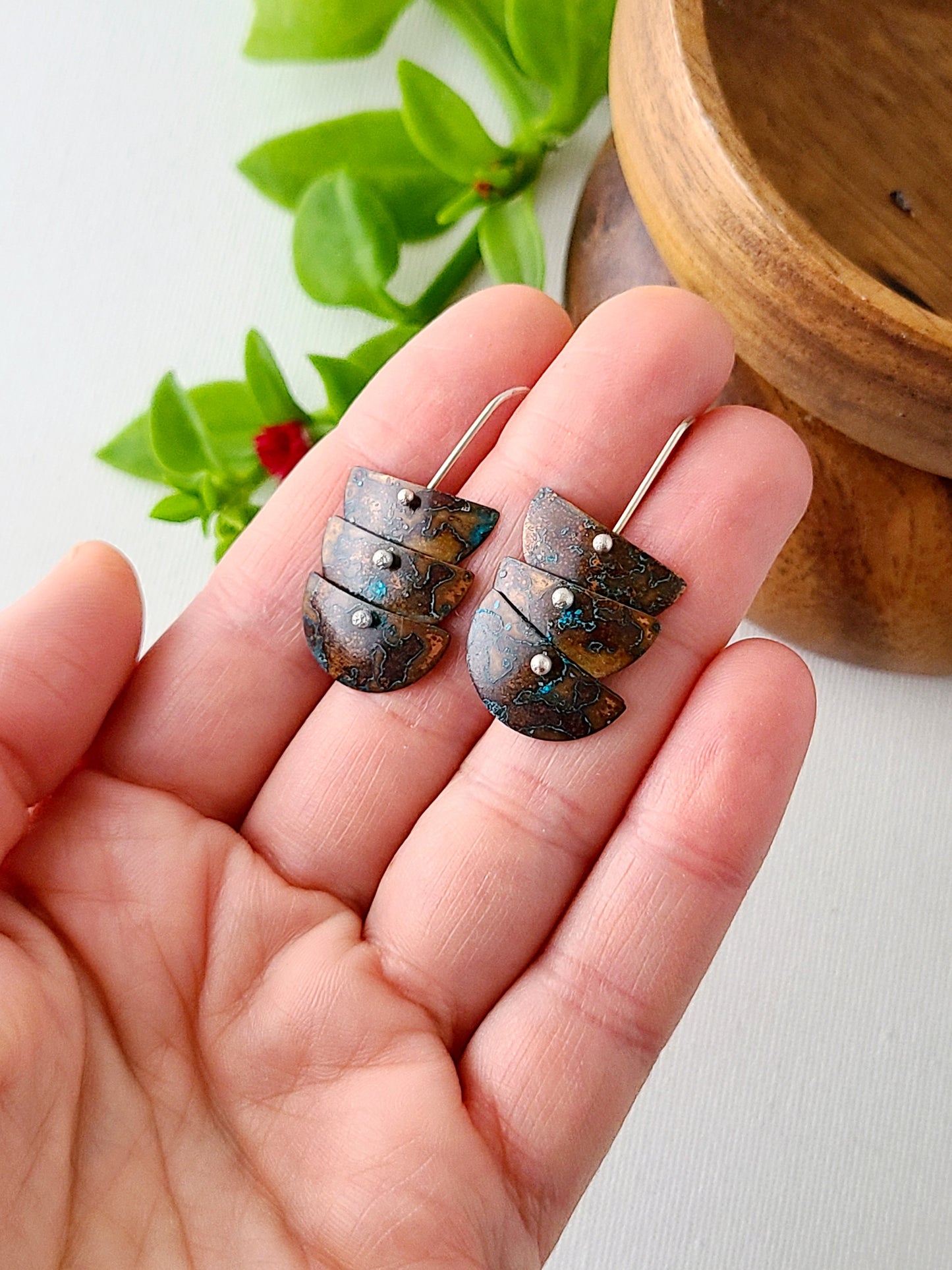 Copper Verdigris Cascade Earrings-3Tier Petite