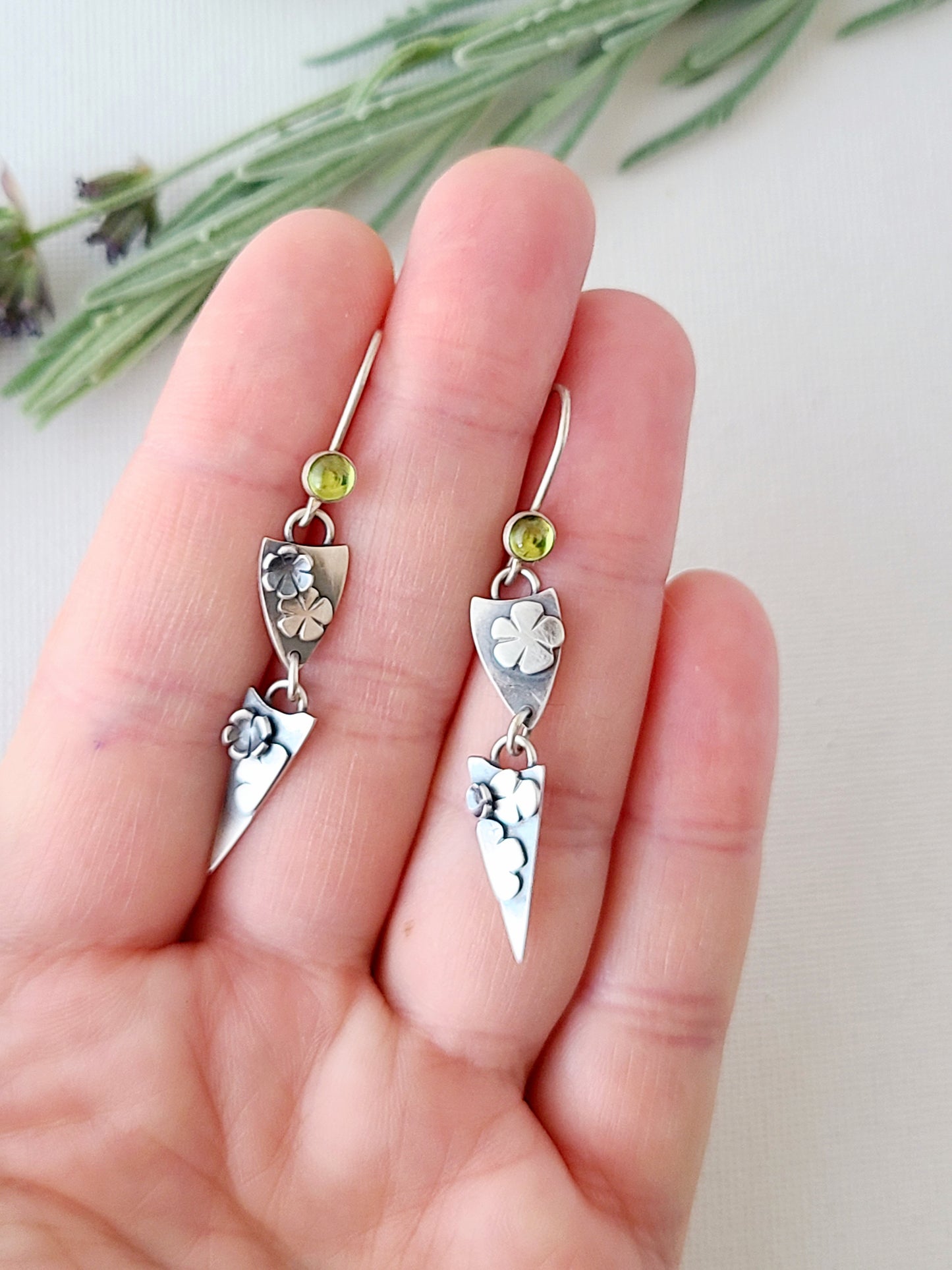 Blossom earrings - Peridot shield dangles