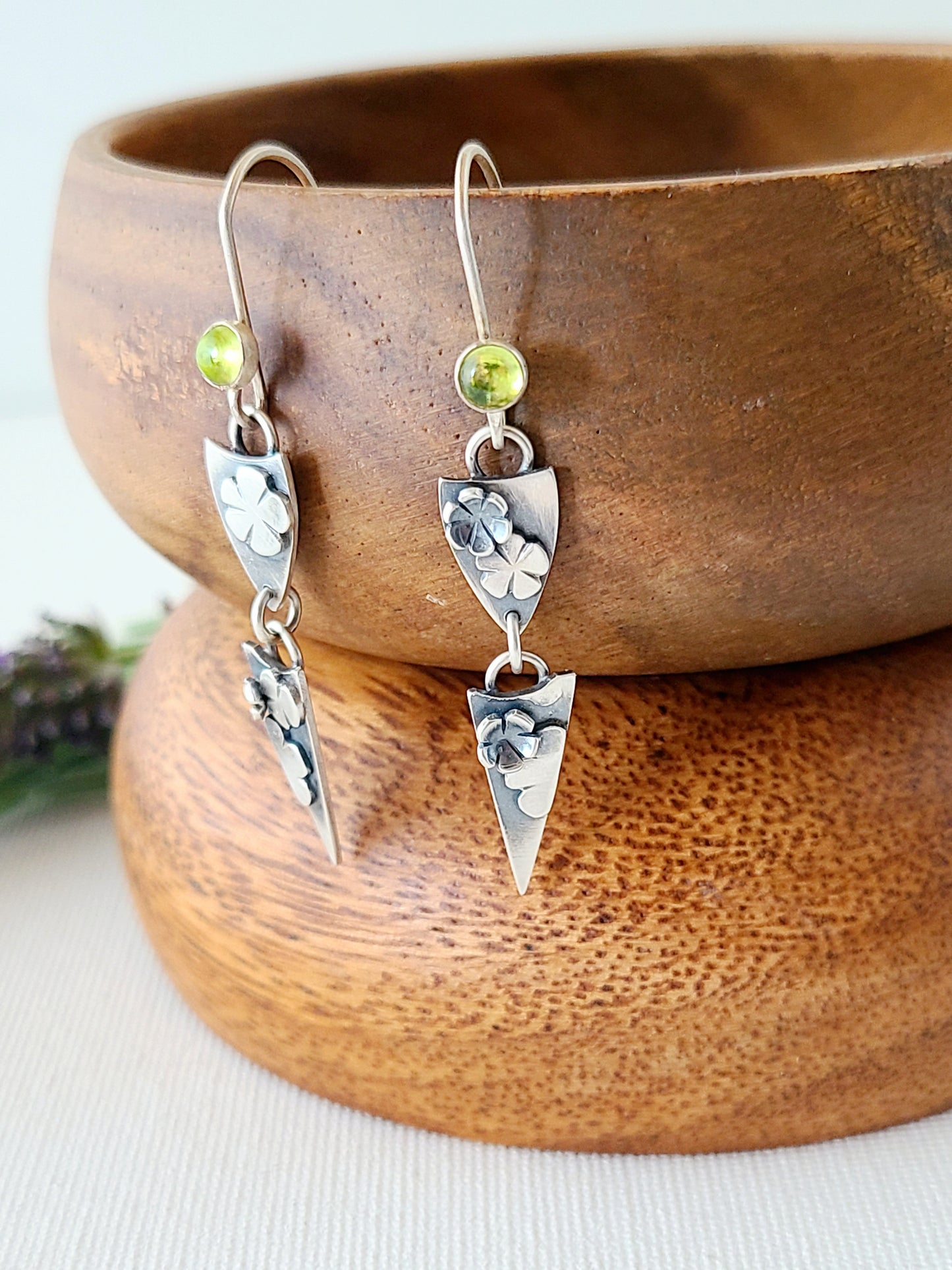 Blossom earrings - Peridot shield dangles