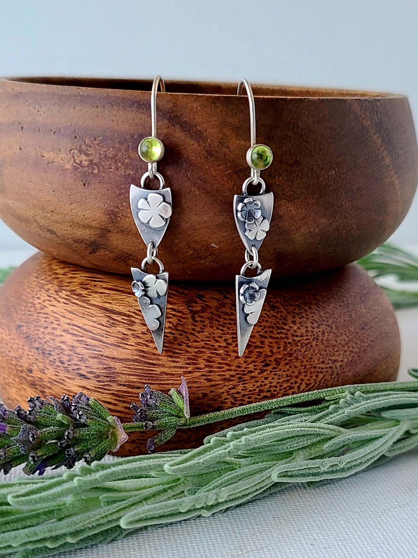 Blossom earrings - Peridot shield dangles
