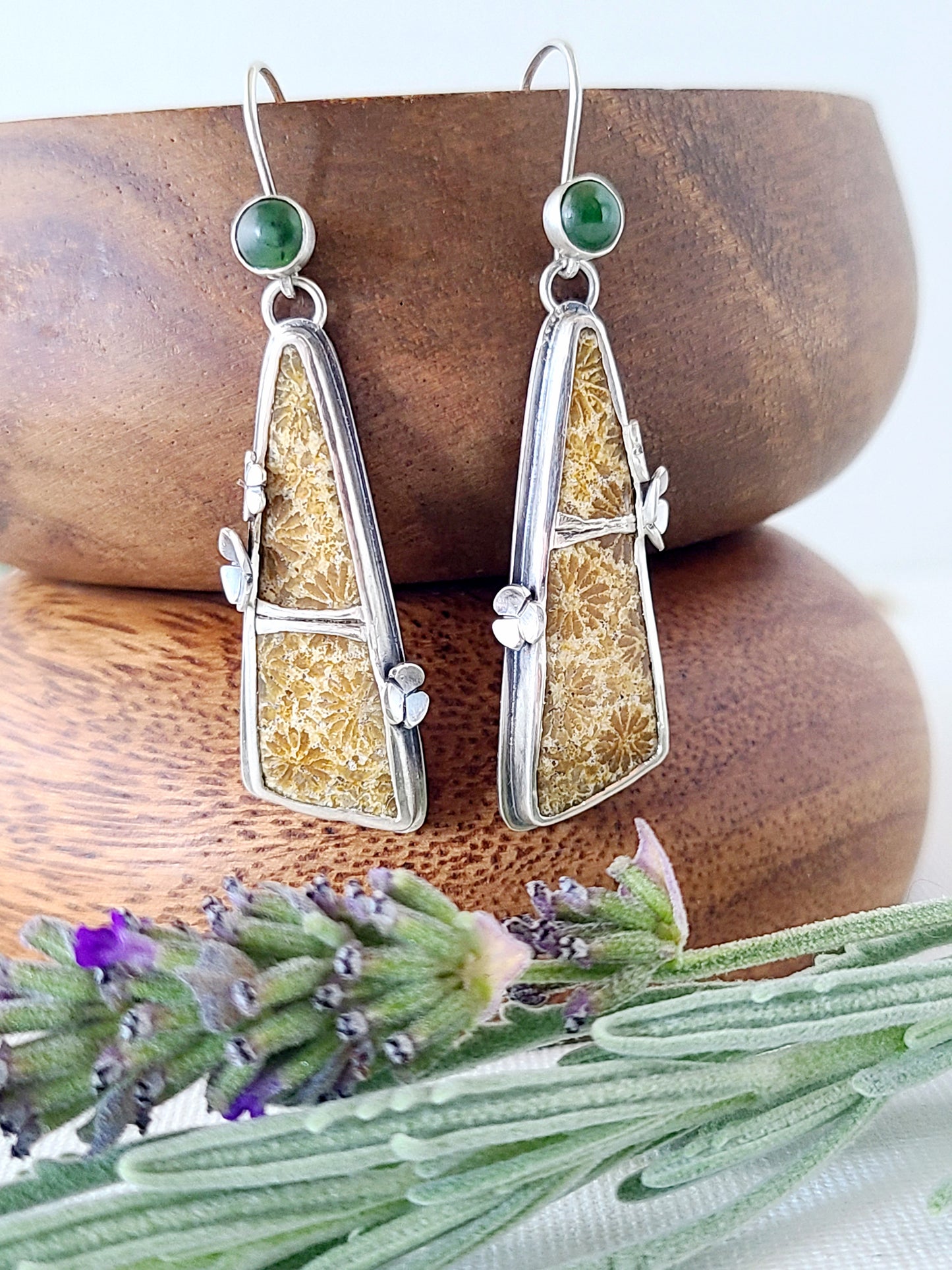 Fossil Flower earrings with Jade