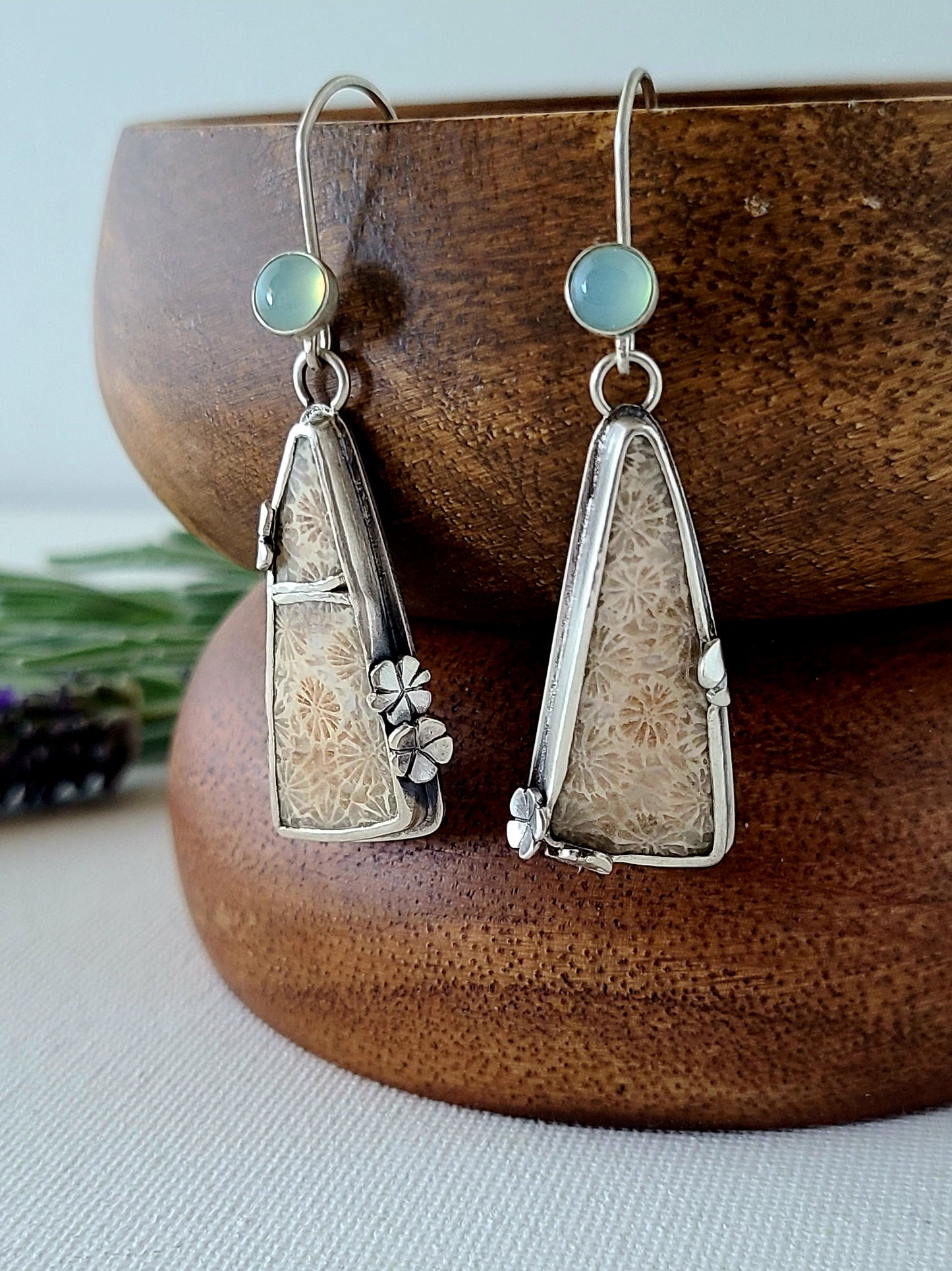 Fossil Flower Earrings with Aqua Chalcedony