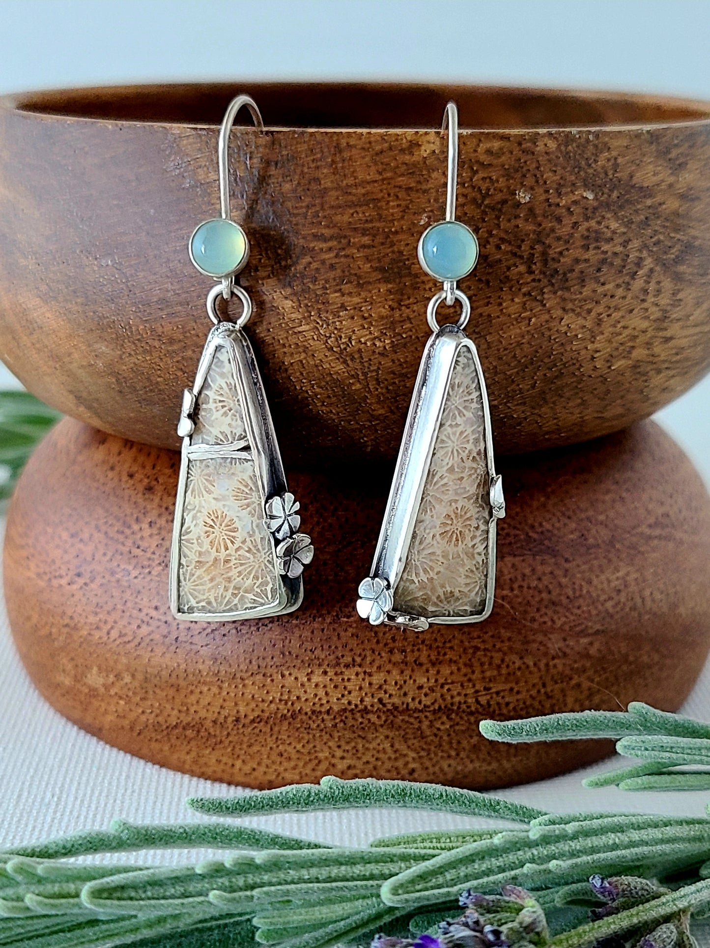 Fossil Flower Earrings with Aqua Chalcedony