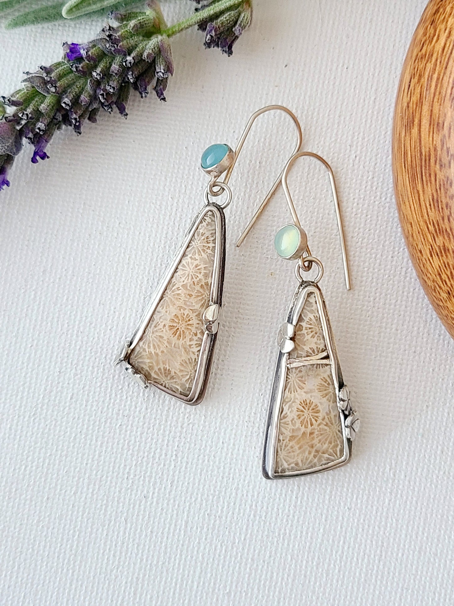 Fossil Flower Earrings with Aqua Chalcedony