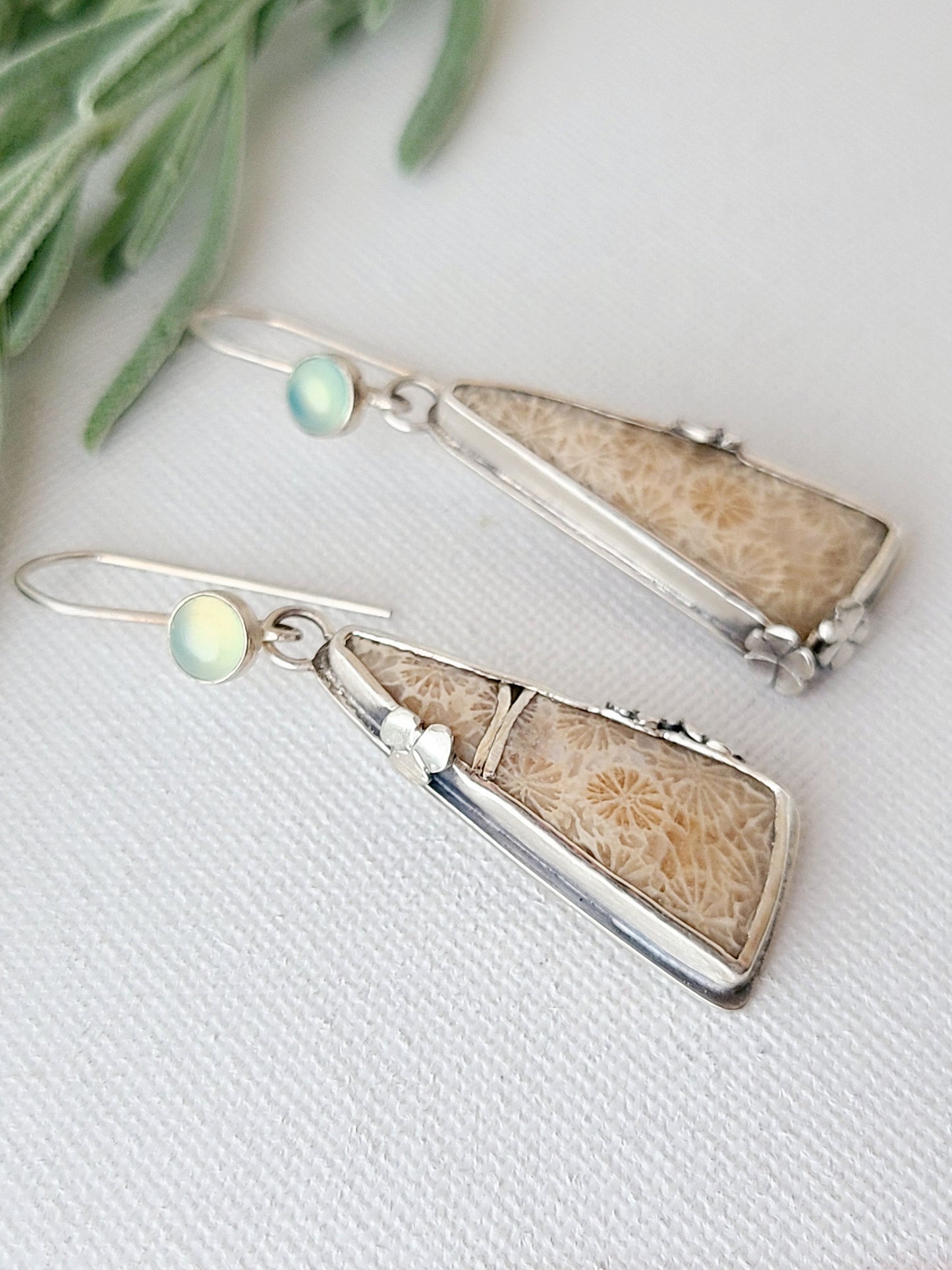Fossil Flower Earrings with Aqua Chalcedony