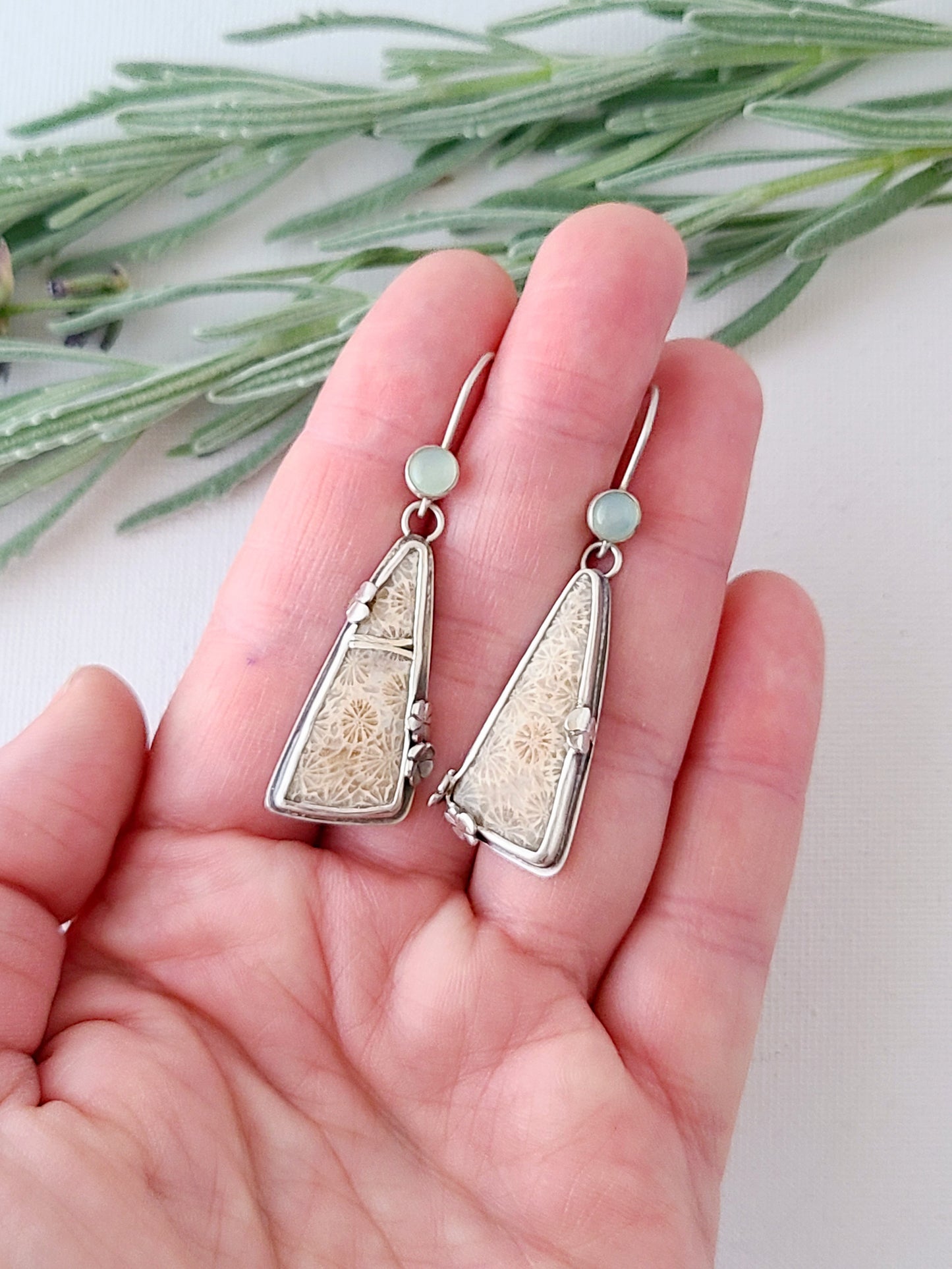 Fossil Flower Earrings with Aqua Chalcedony