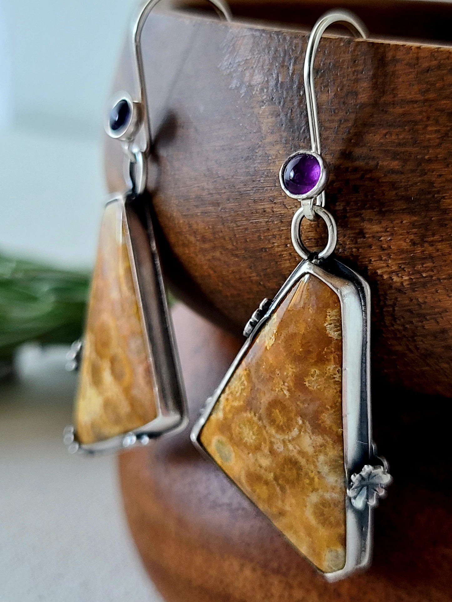 Fossil Flower earrings with Amethyst