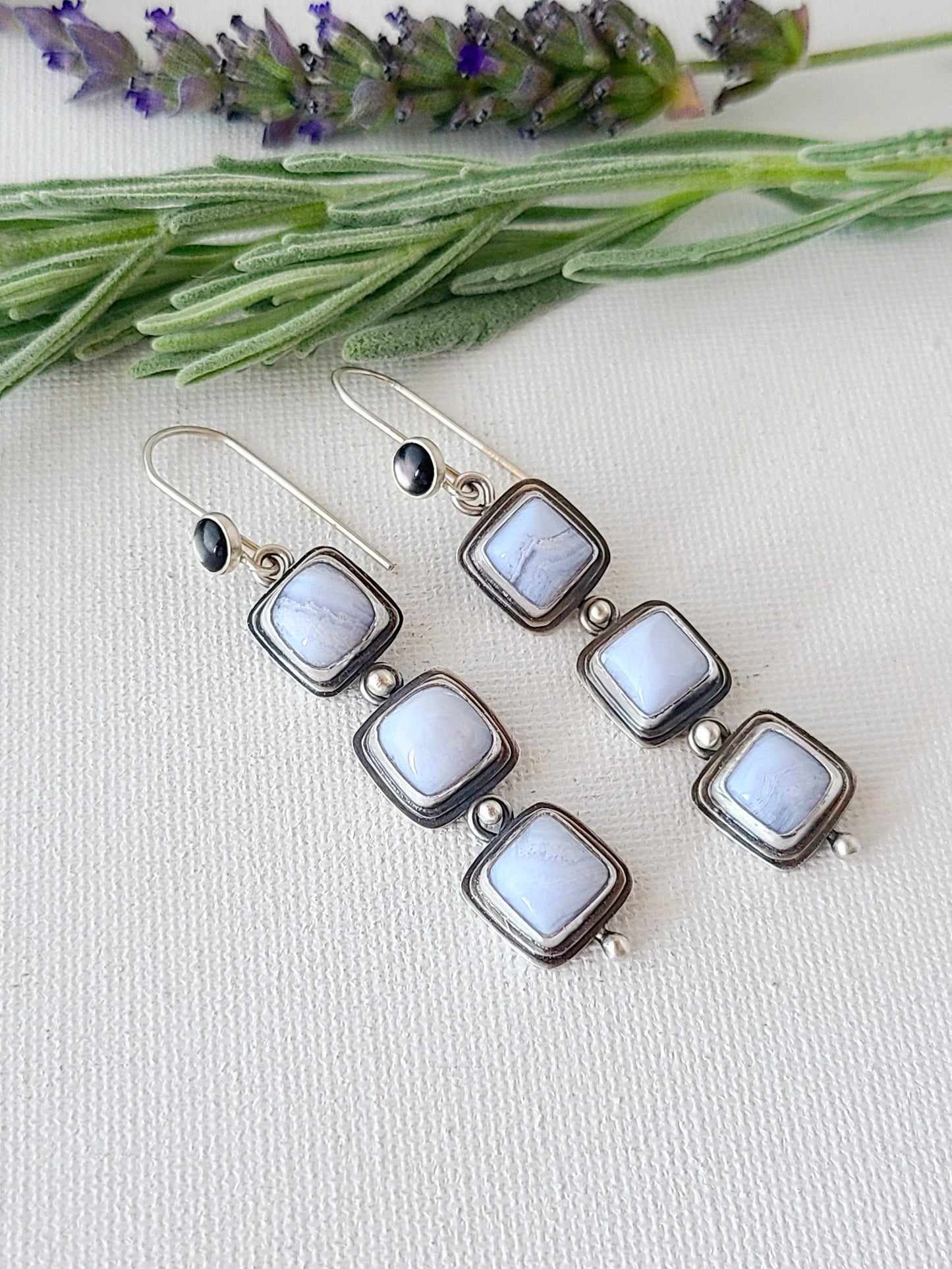 Blue Mist: Three Drop Agate Dangle Earrings