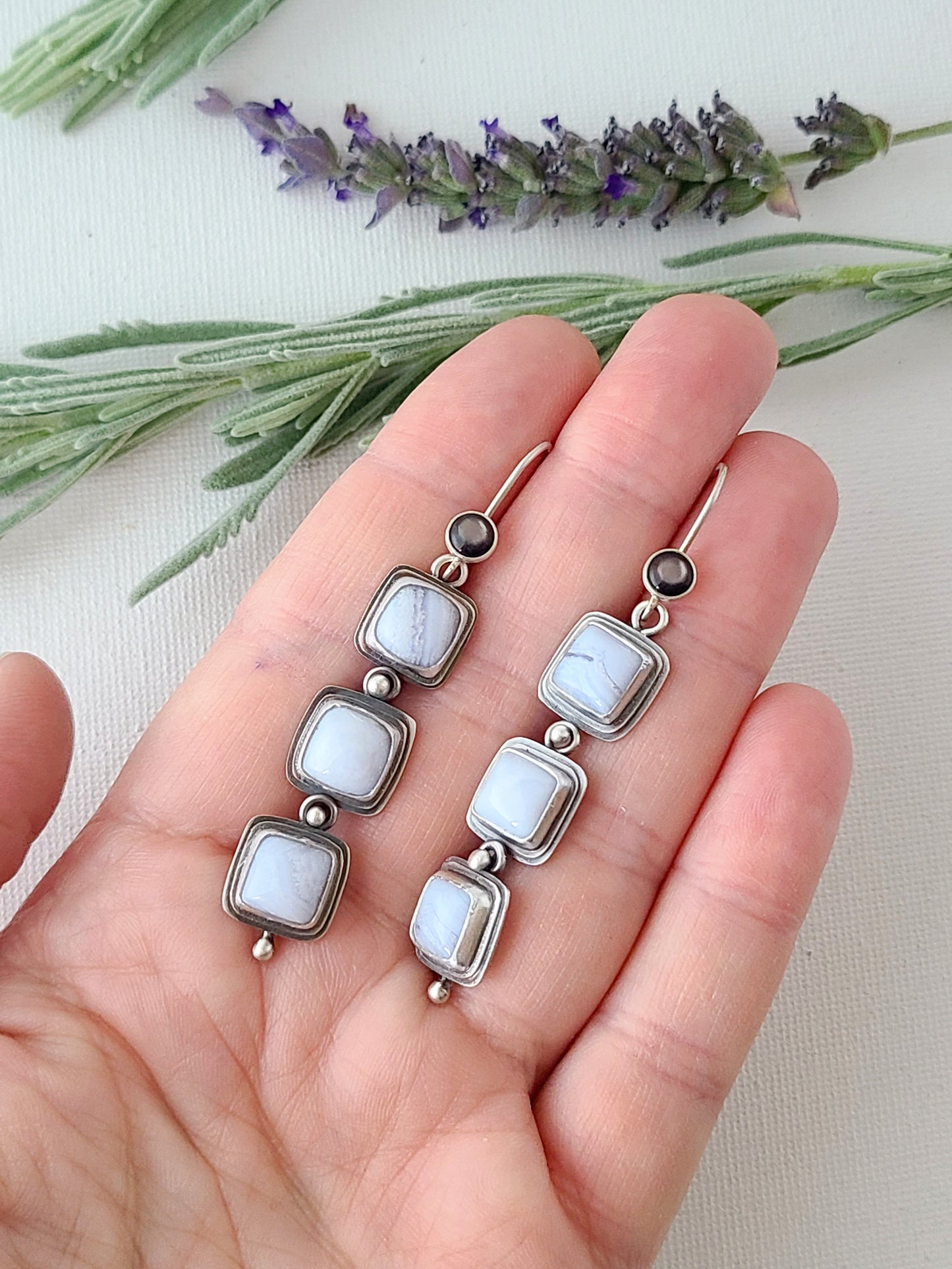 Blue Mist: Three Drop Agate Dangle Earrings