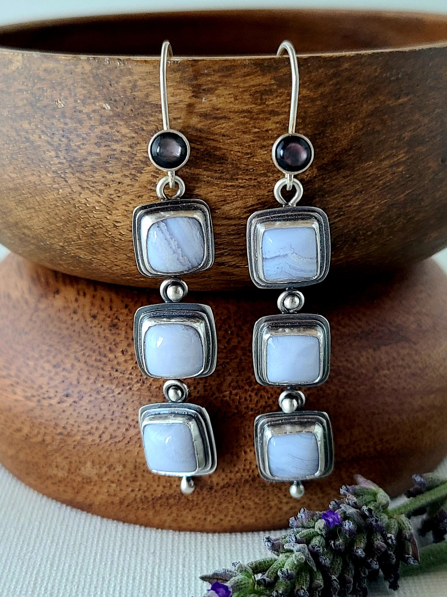 Blue Mist: Three Drop Agate Dangle Earrings