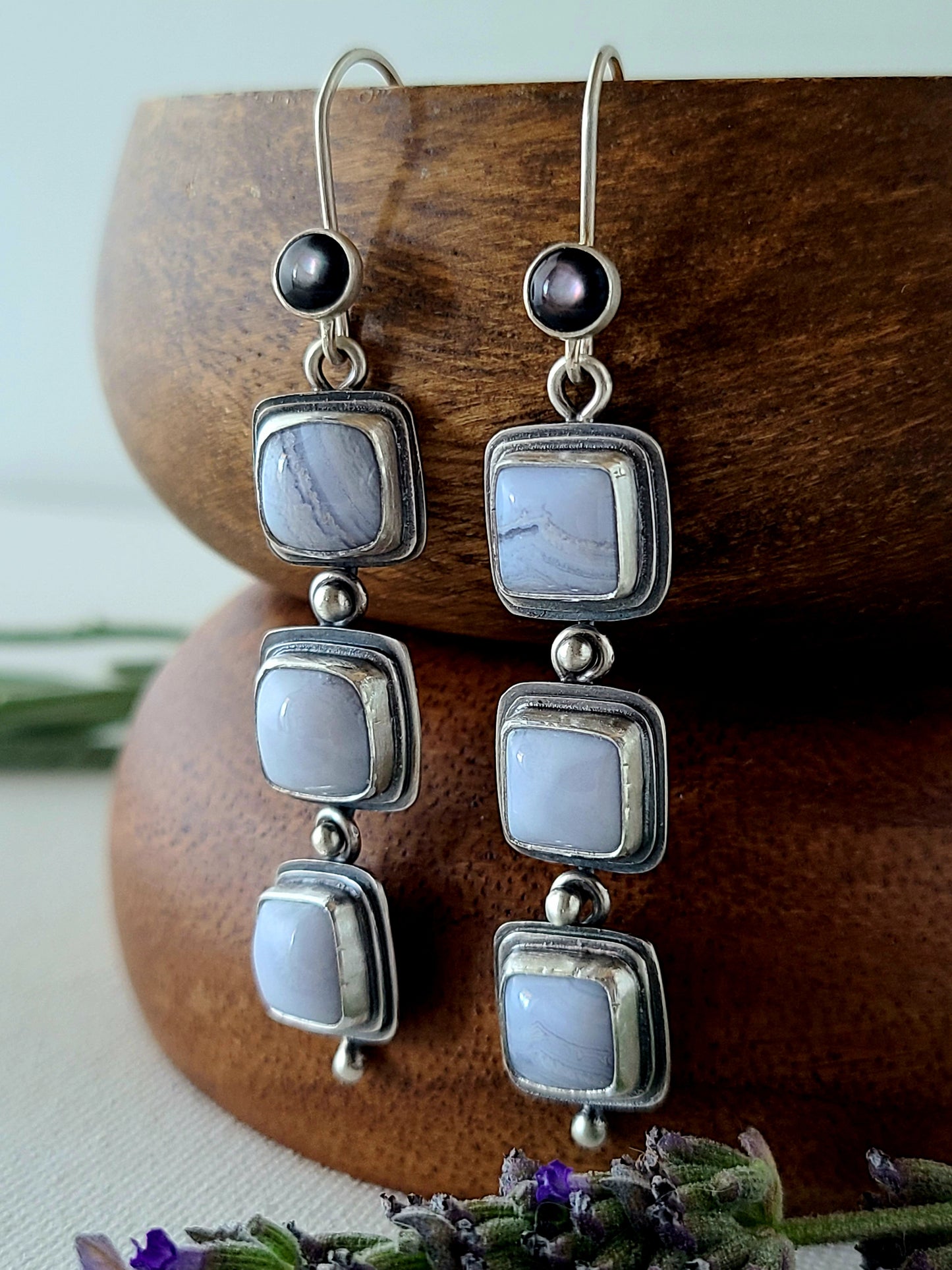 Blue Mist: Three Drop Agate Dangle Earrings